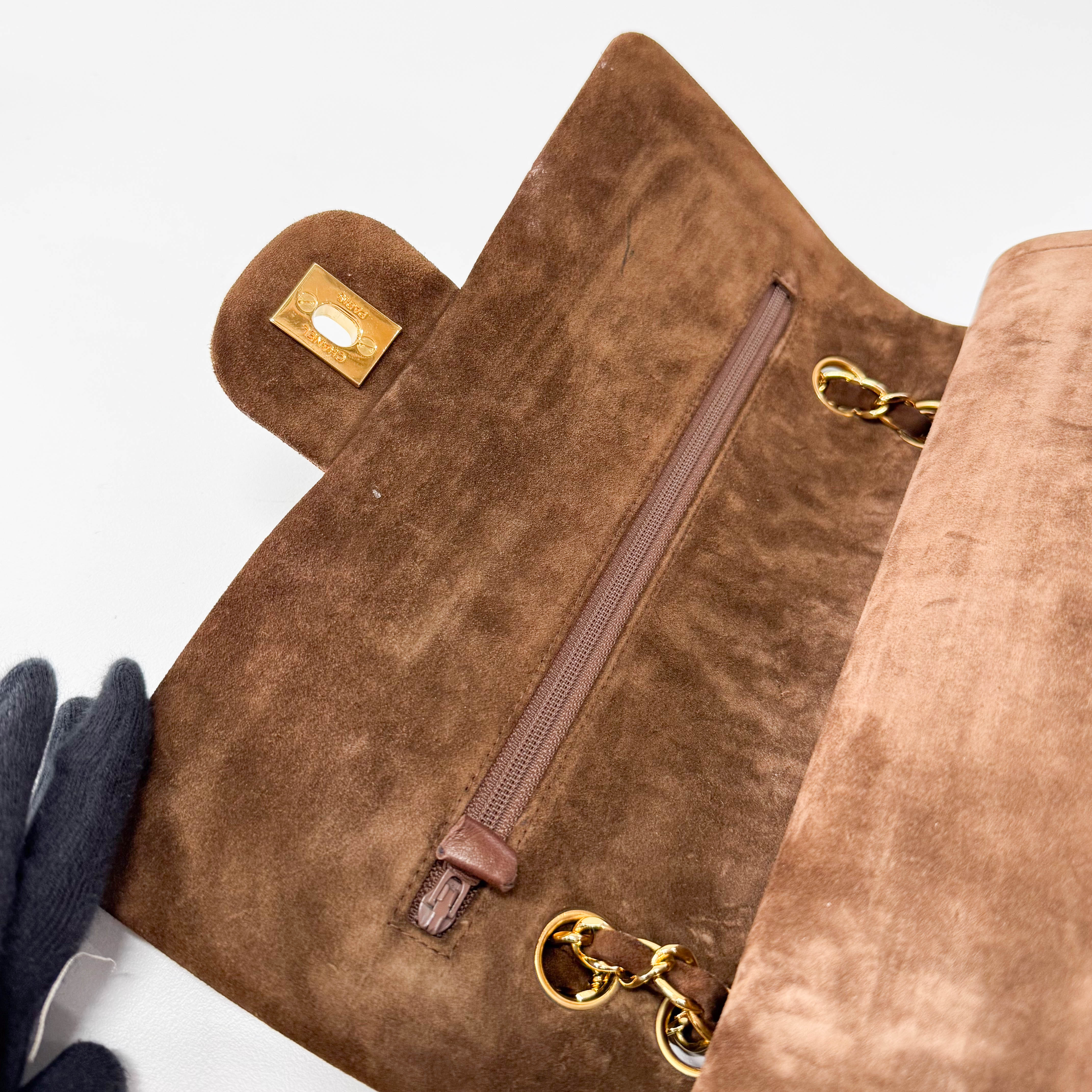 Chevron Double Flap Brown V Stitch Suede Double Chain Bag