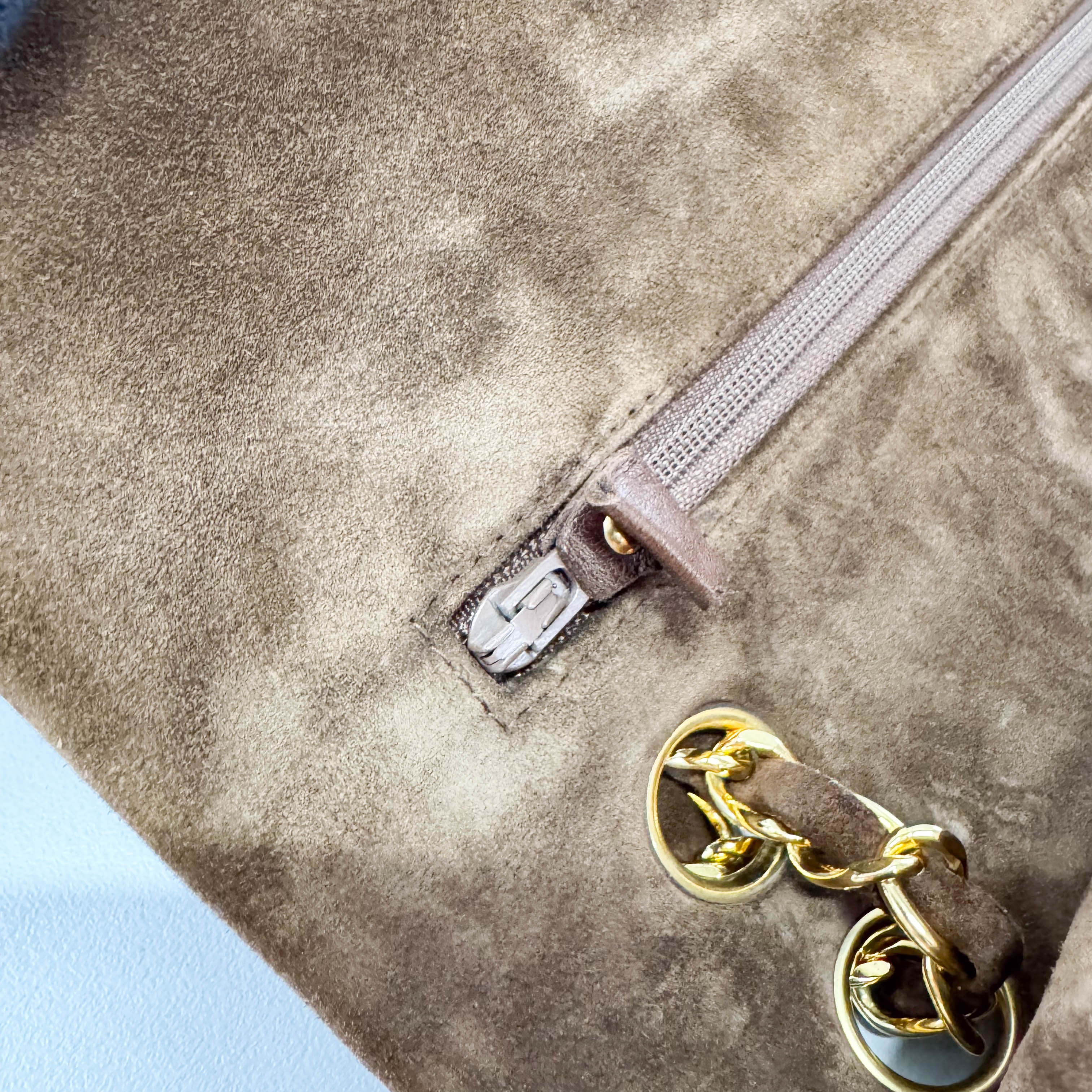 Chevron Double Flap Brown V Stitch Suede Double Chain Bag