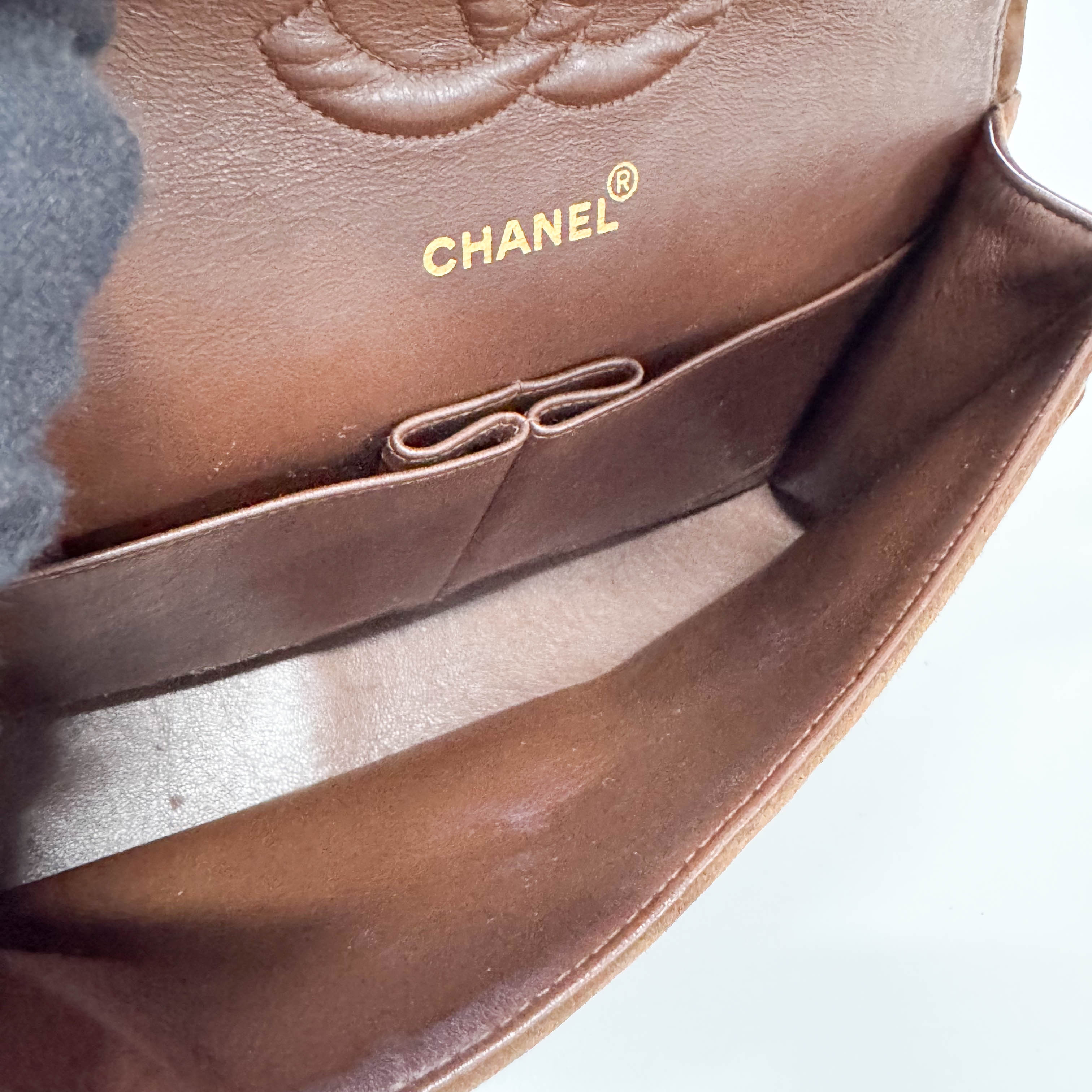 Chevron Double Flap Brown V Stitch Suede Double Chain Bag