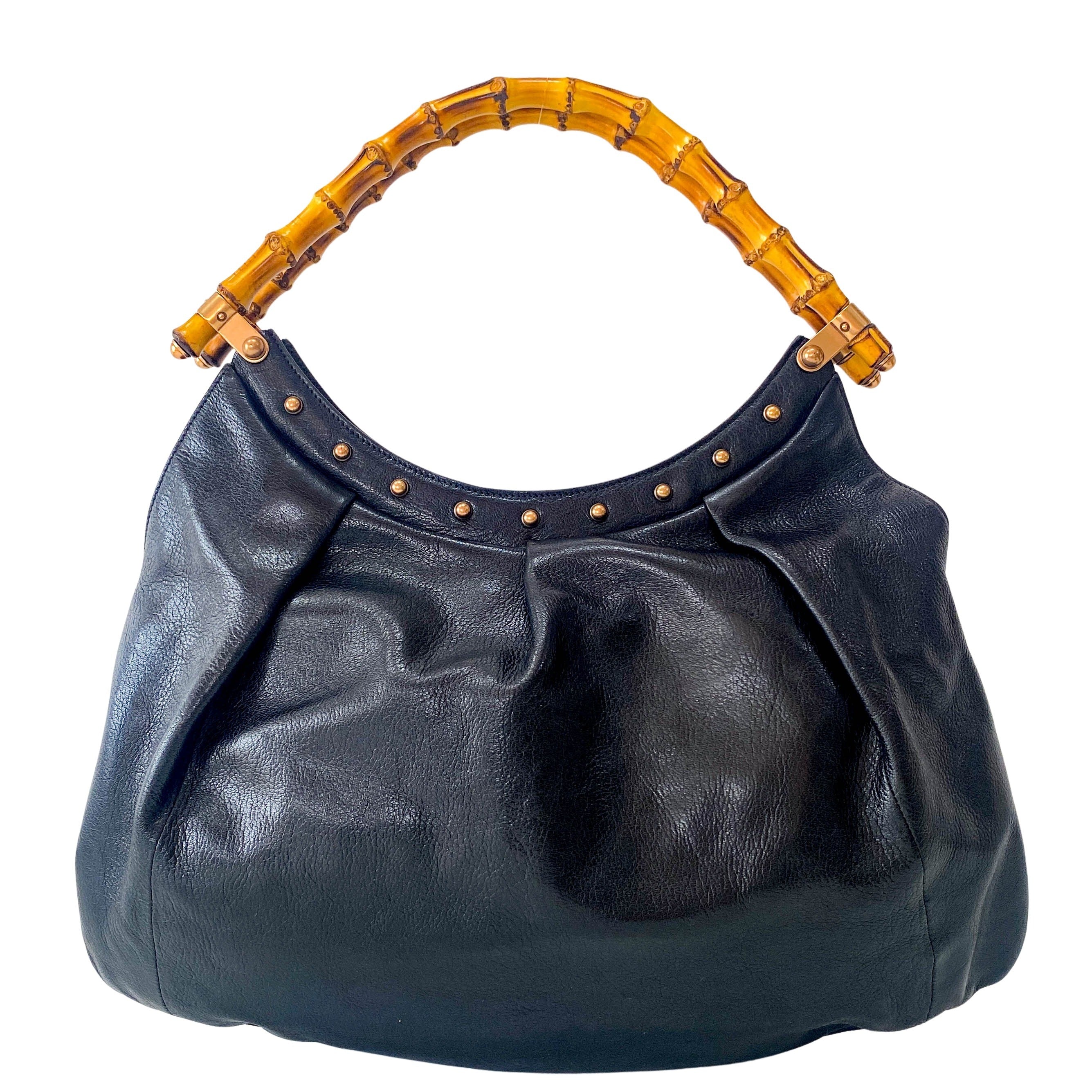 Bamboo Black Leather Hobo Studs Shoulder Bag