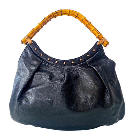Bamboo Black Leather Hobo Studs Shoulder Bag