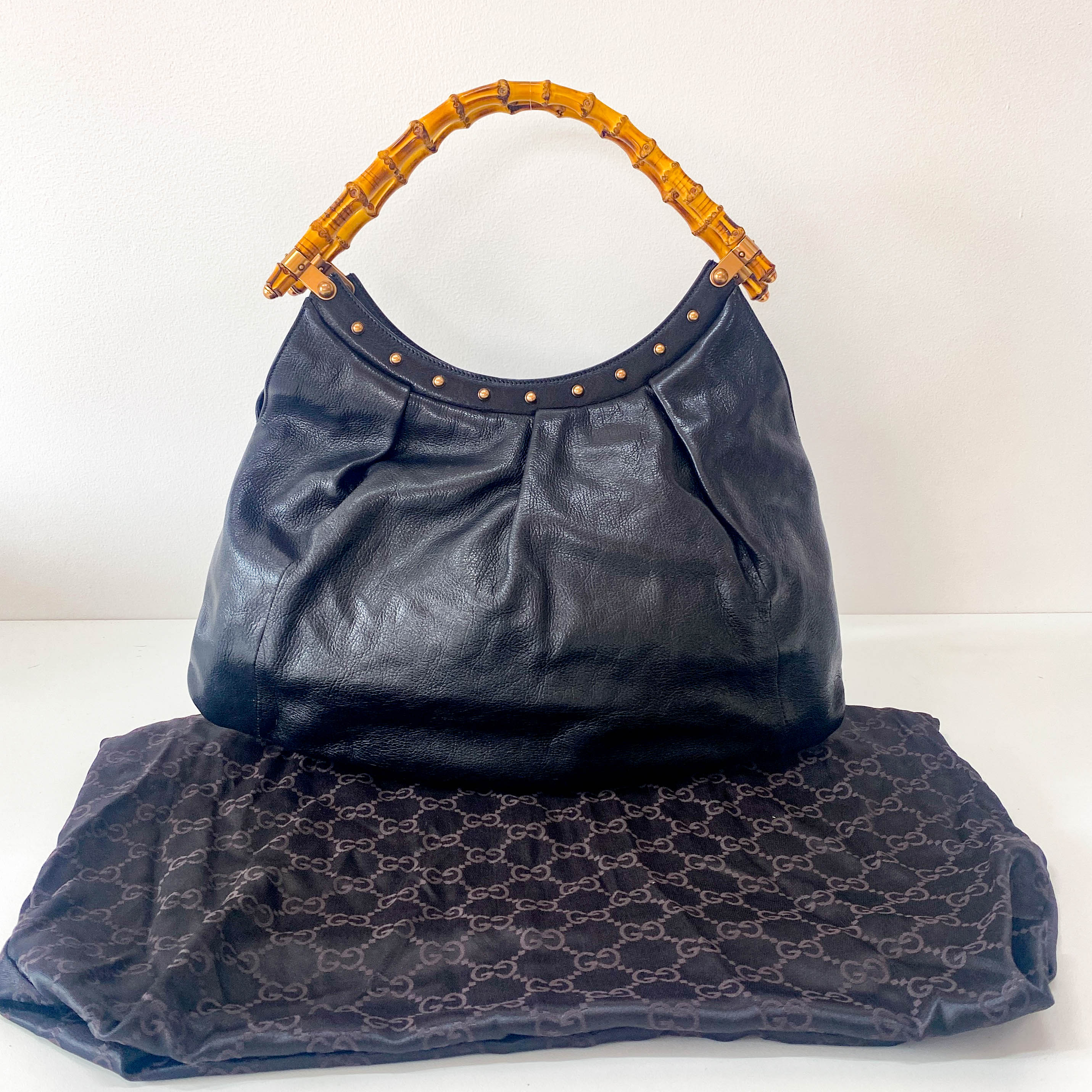 Bamboo Black Leather Hobo Studs Shoulder Bag