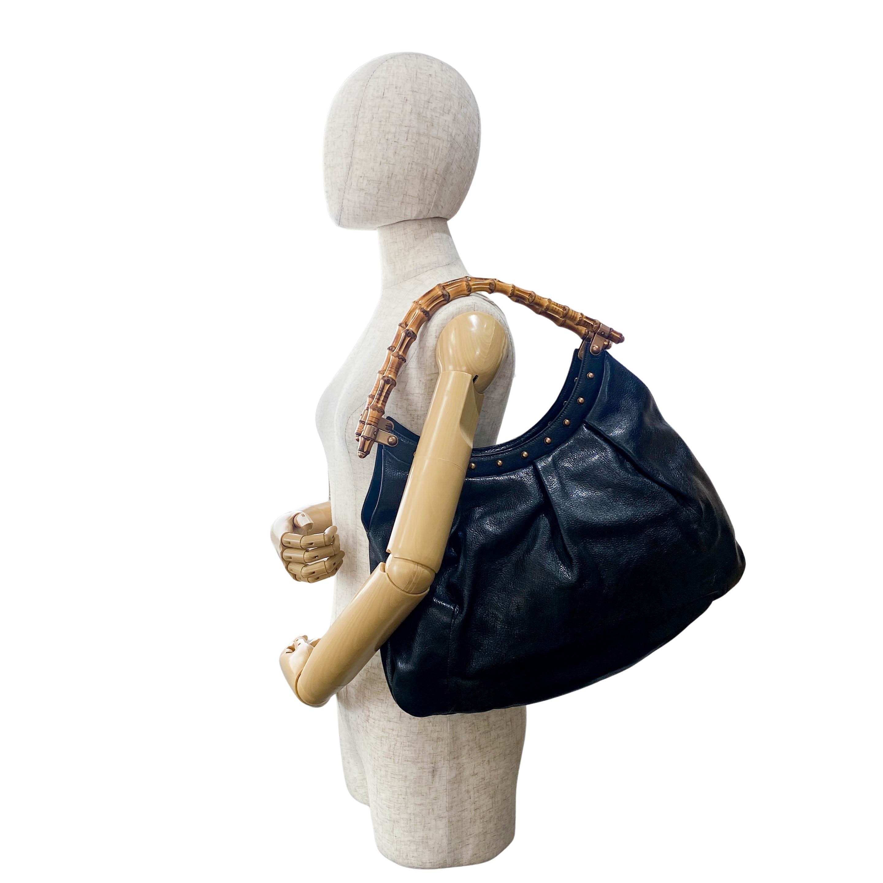 Bamboo Black Leather Hobo Studs Shoulder Bag