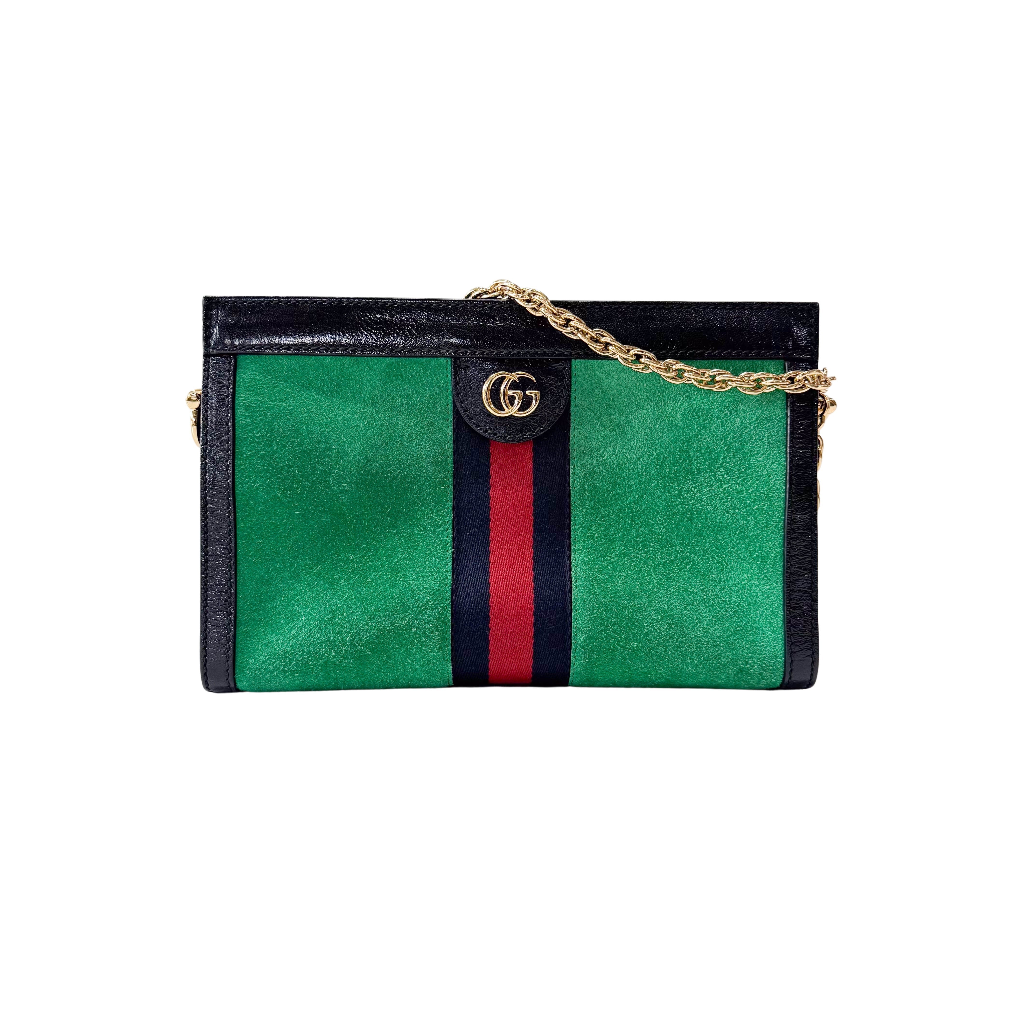 Ophidia Green Suede Gold Chain Shoulder Bag