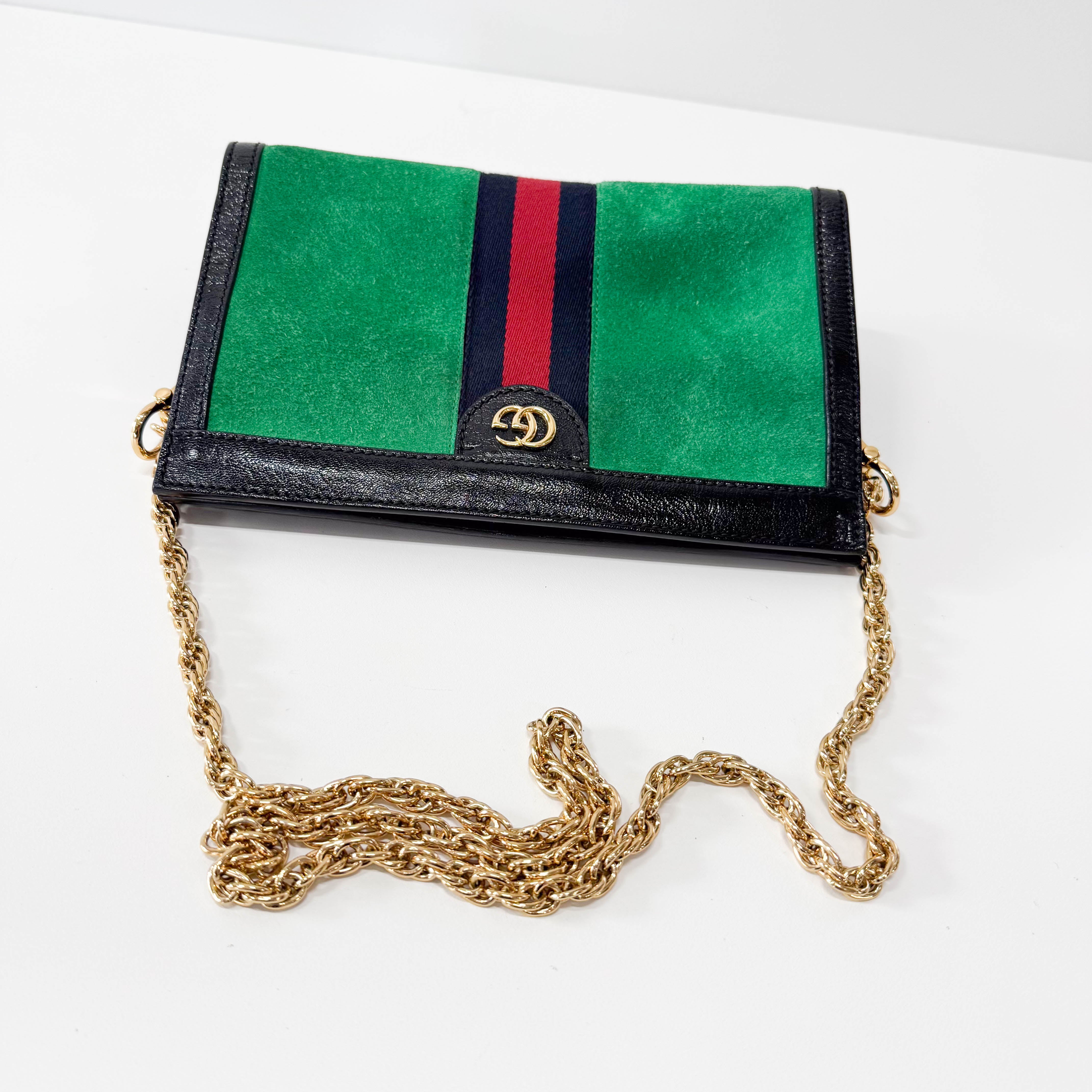 Ophidia Green Suede Gold Chain Shoulder Bag