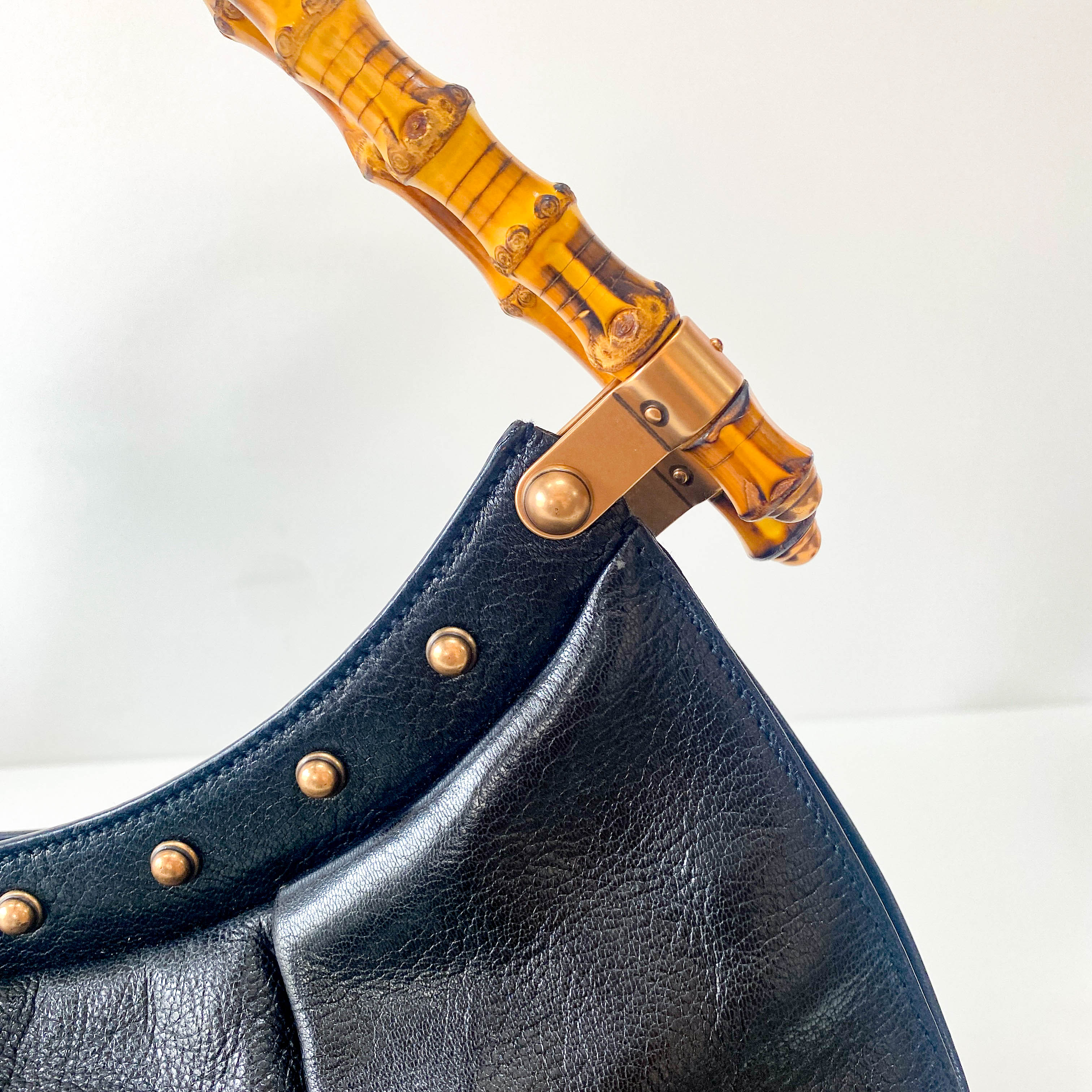 Bamboo Black Leather Hobo Studs Shoulder Bag