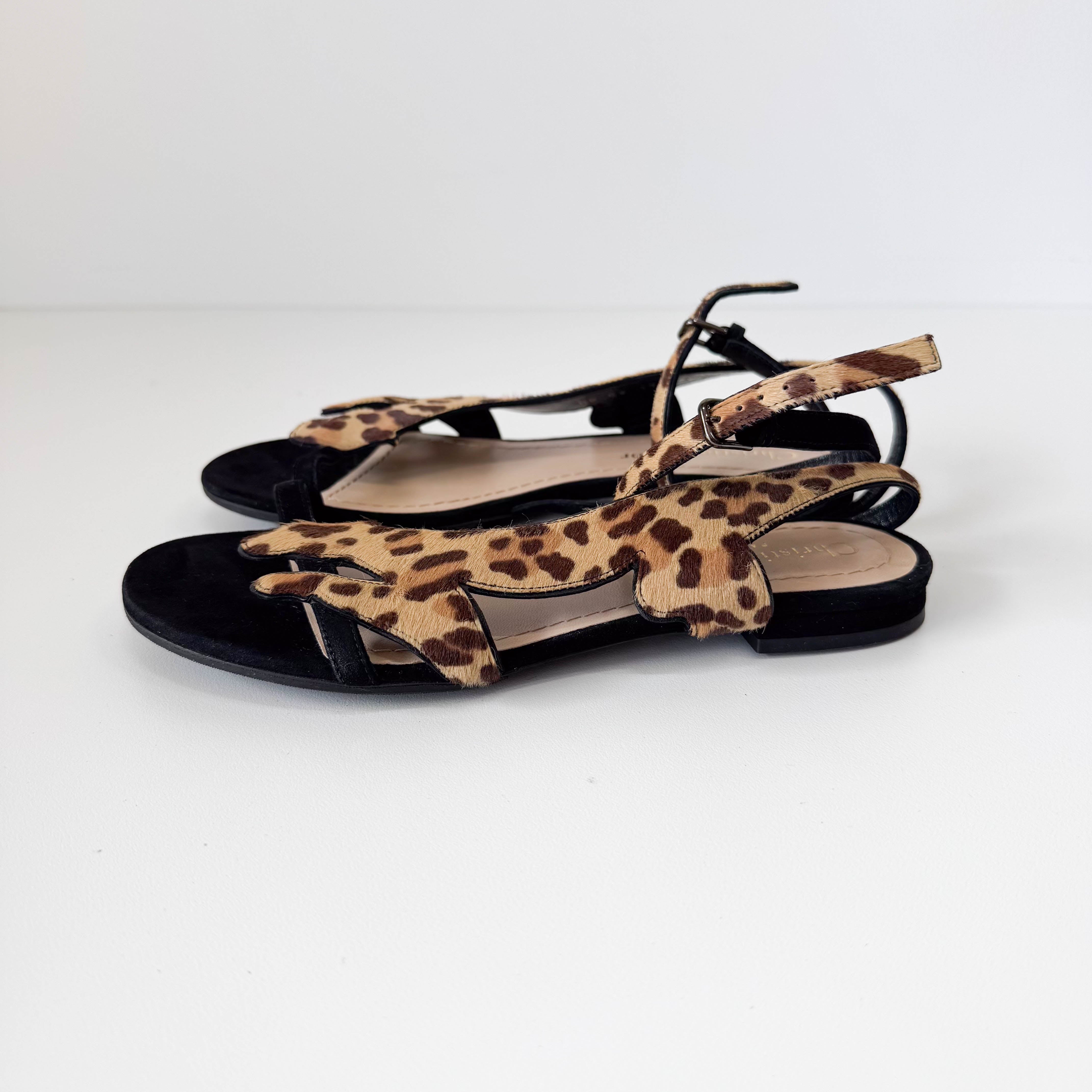 Black Leopard Pony Hair & Leather Sandals
