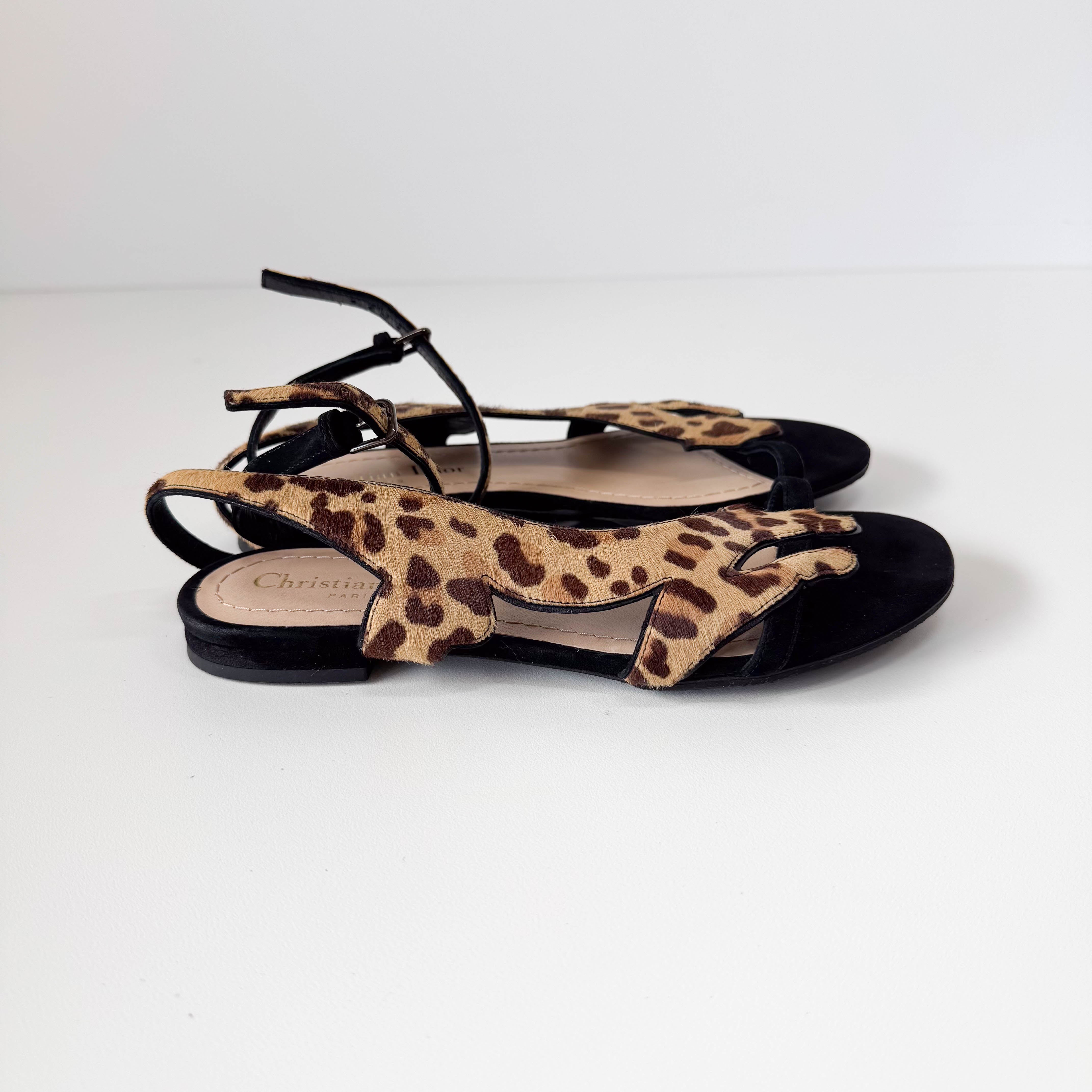 Black Leopard Pony Hair & Leather Sandals