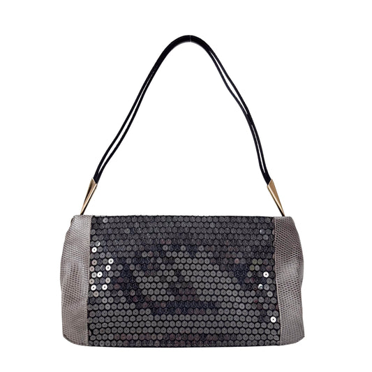 Grey Sequin & Embossed Lizard Leather Shoulder Bag