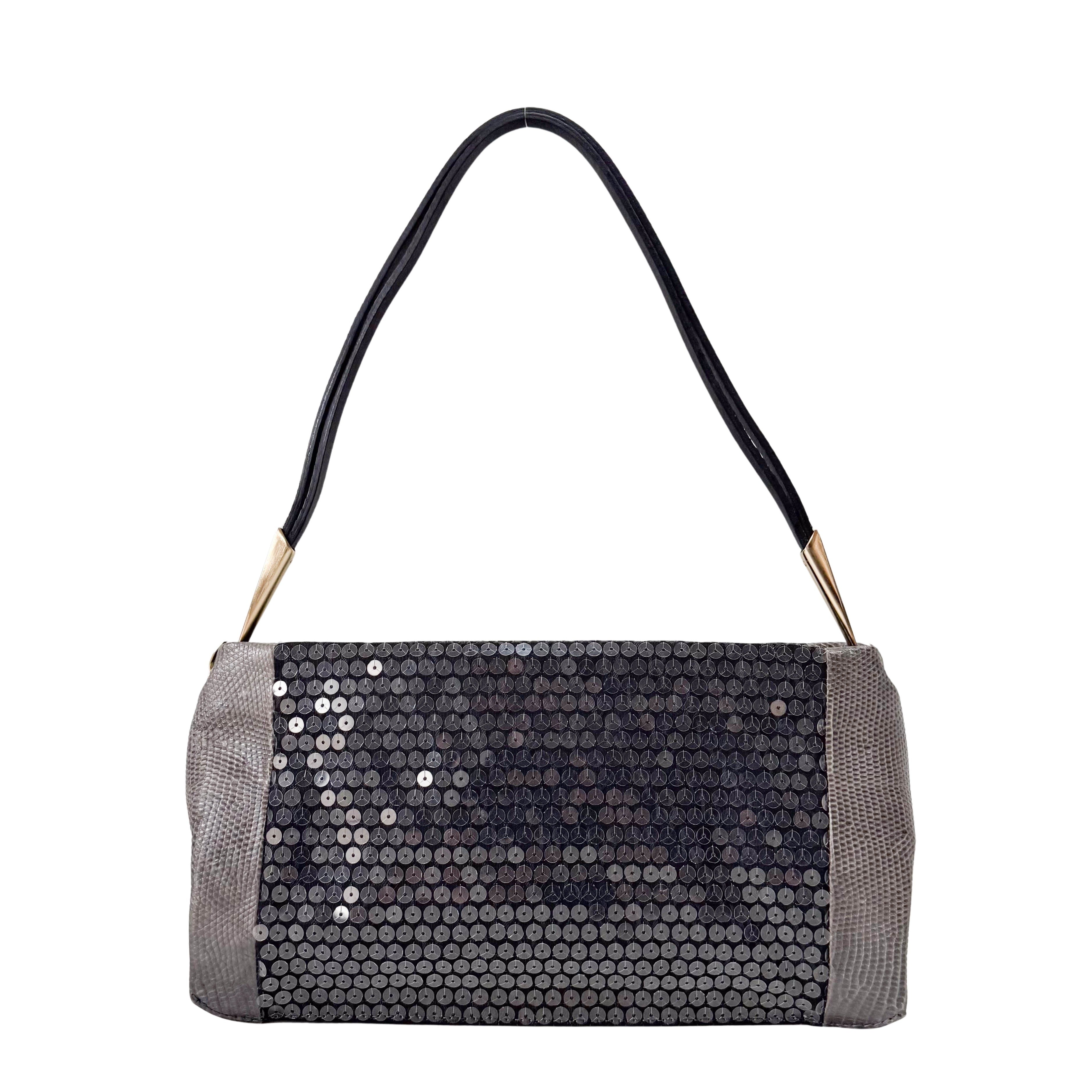 Grey Sequin & Embossed Lizard Leather Shoulder Bag