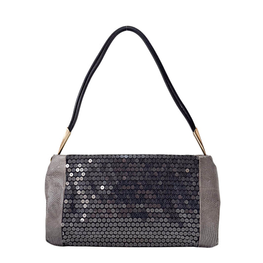 Grey Sequin & Embossed Lizard Leather Shoulder Bag