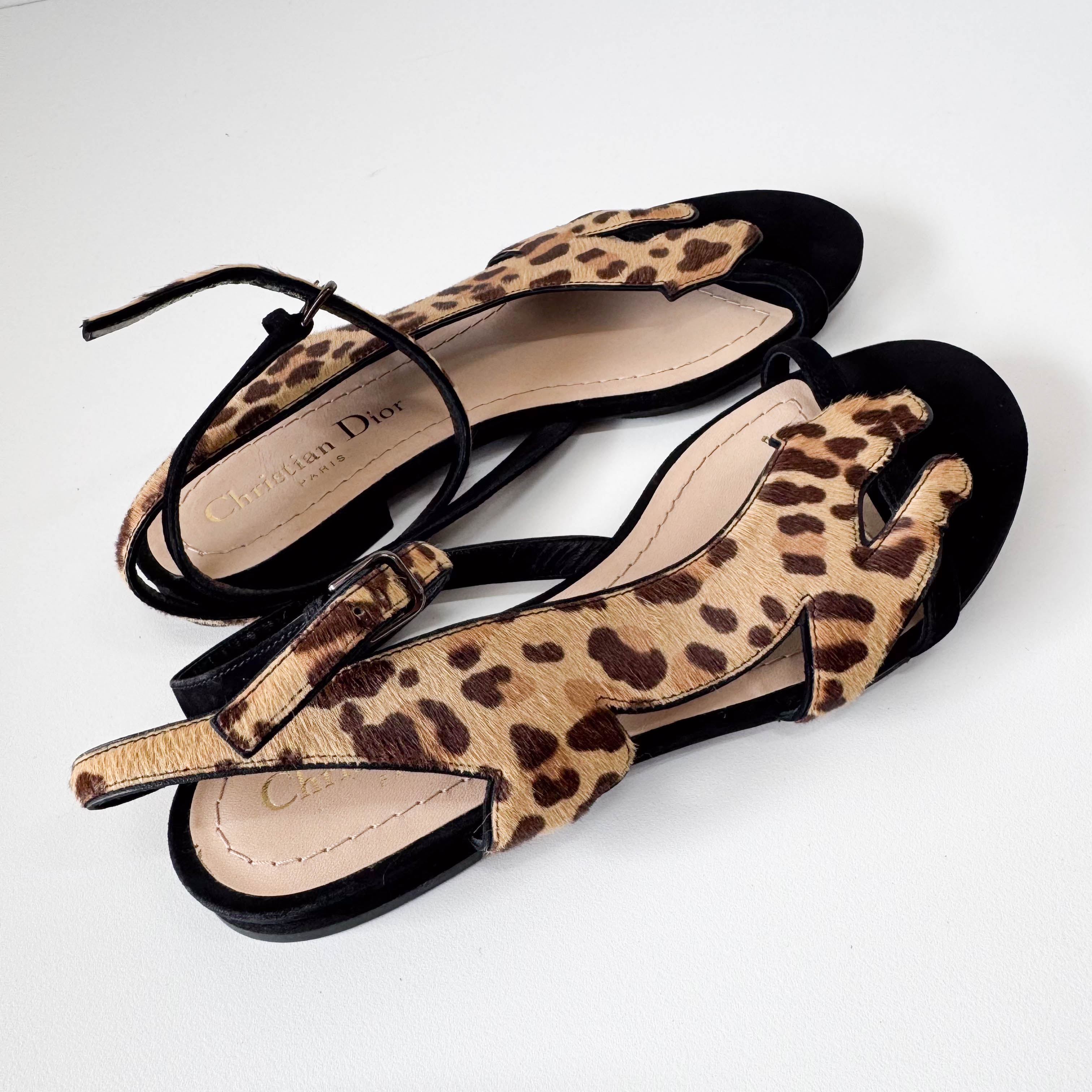 Black Leopard Pony Hair & Leather Sandals
