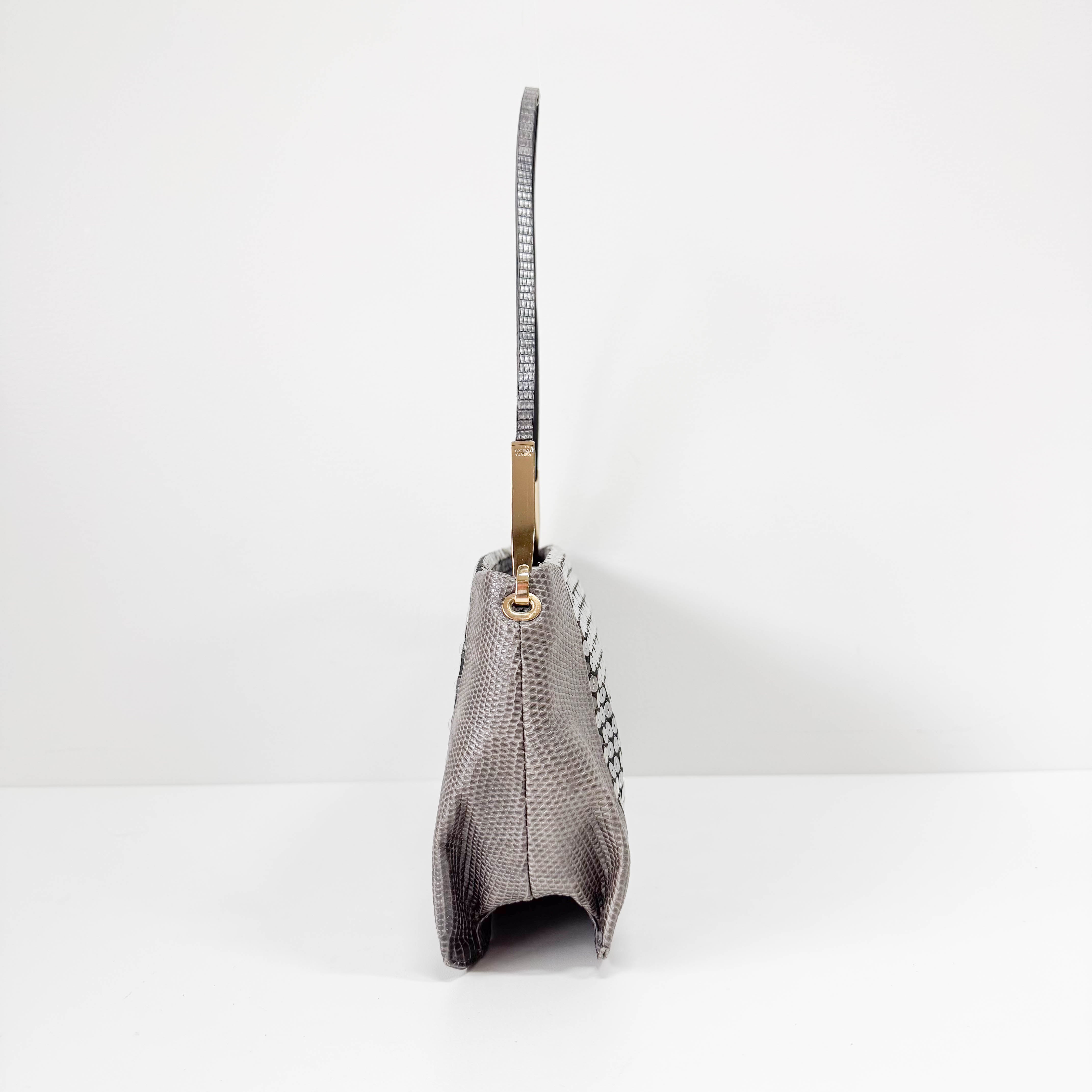 Grey Sequin & Embossed Lizard Leather Shoulder Bag