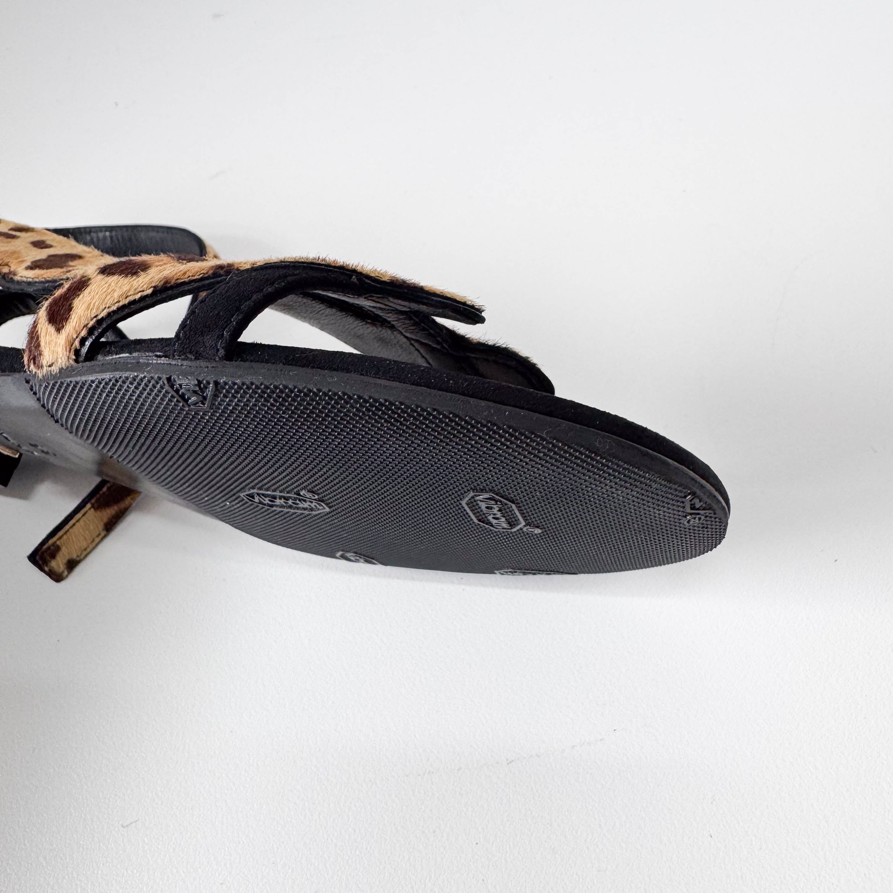 Black Leopard Pony Hair & Leather Sandals