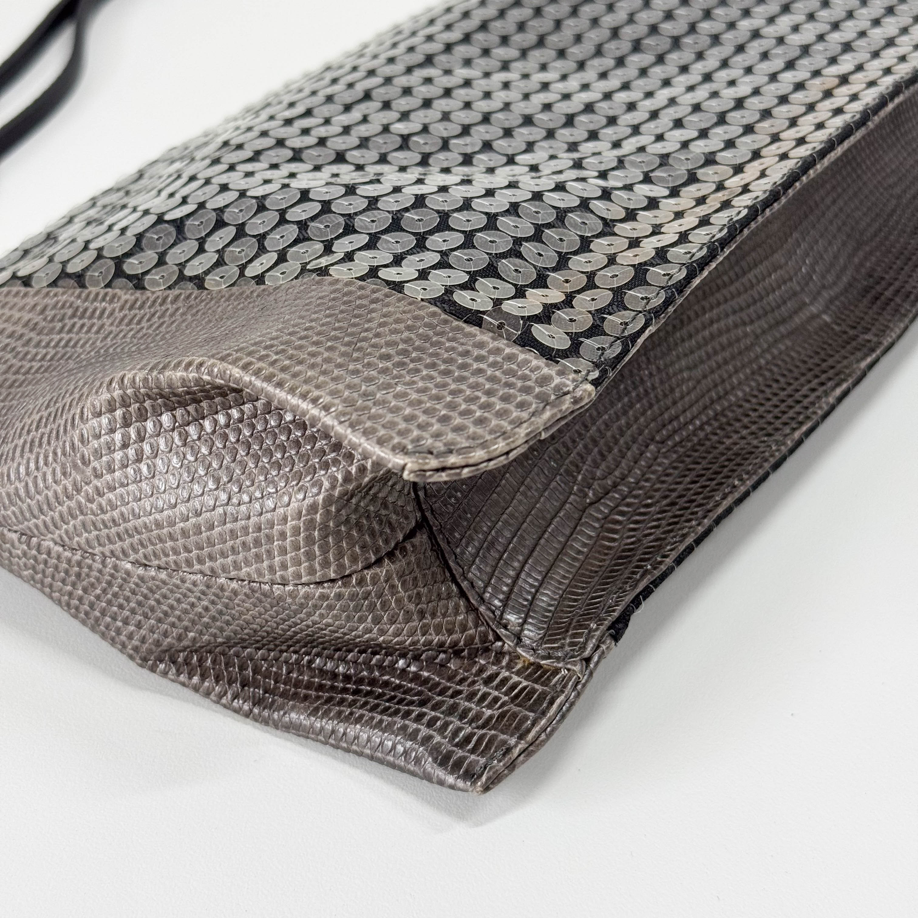 Grey Sequin & Embossed Lizard Leather Shoulder Bag