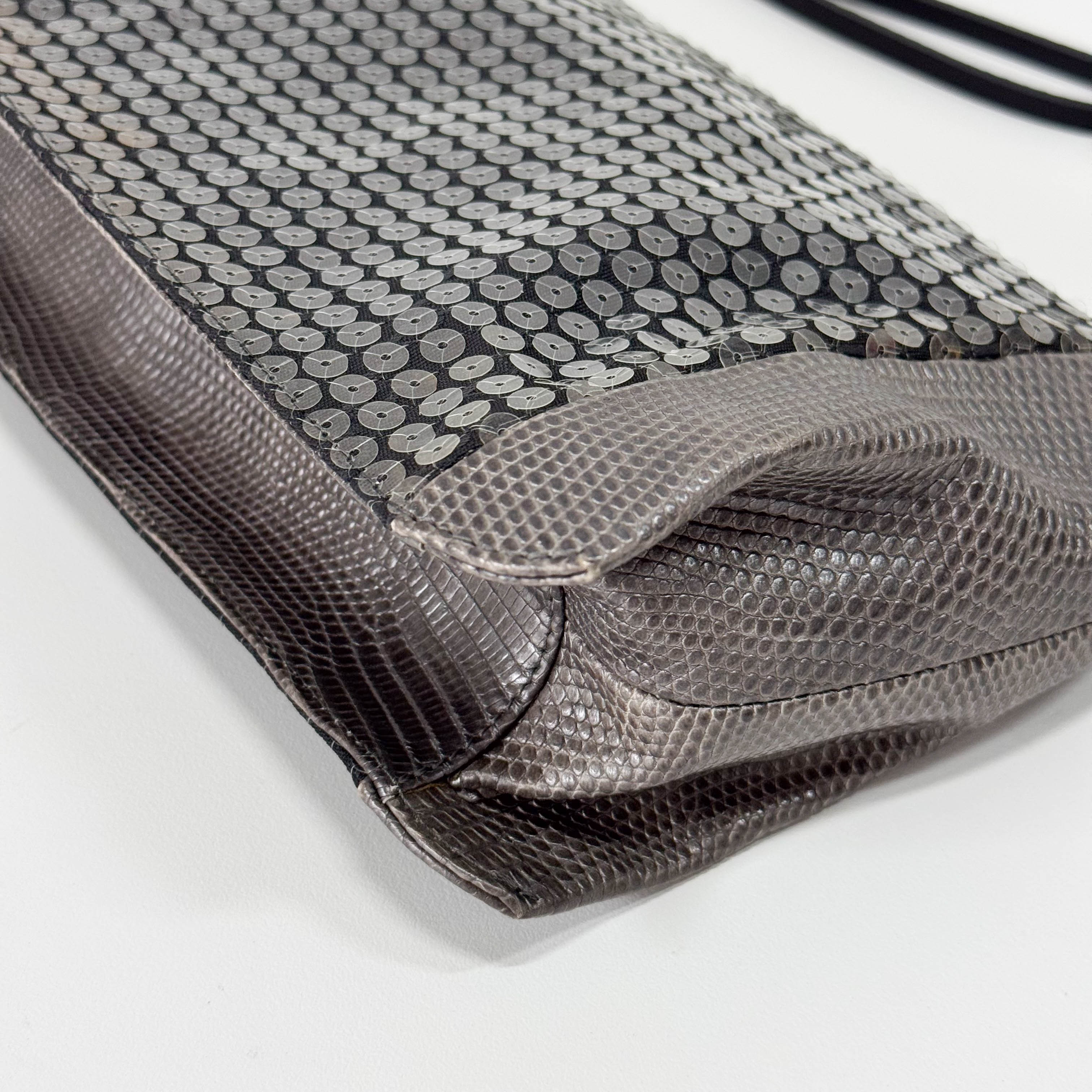 Grey Sequin & Embossed Lizard Leather Shoulder Bag