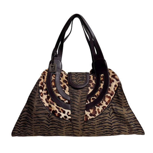 Leopard Pony Hair and Canvas Shoulder Bag