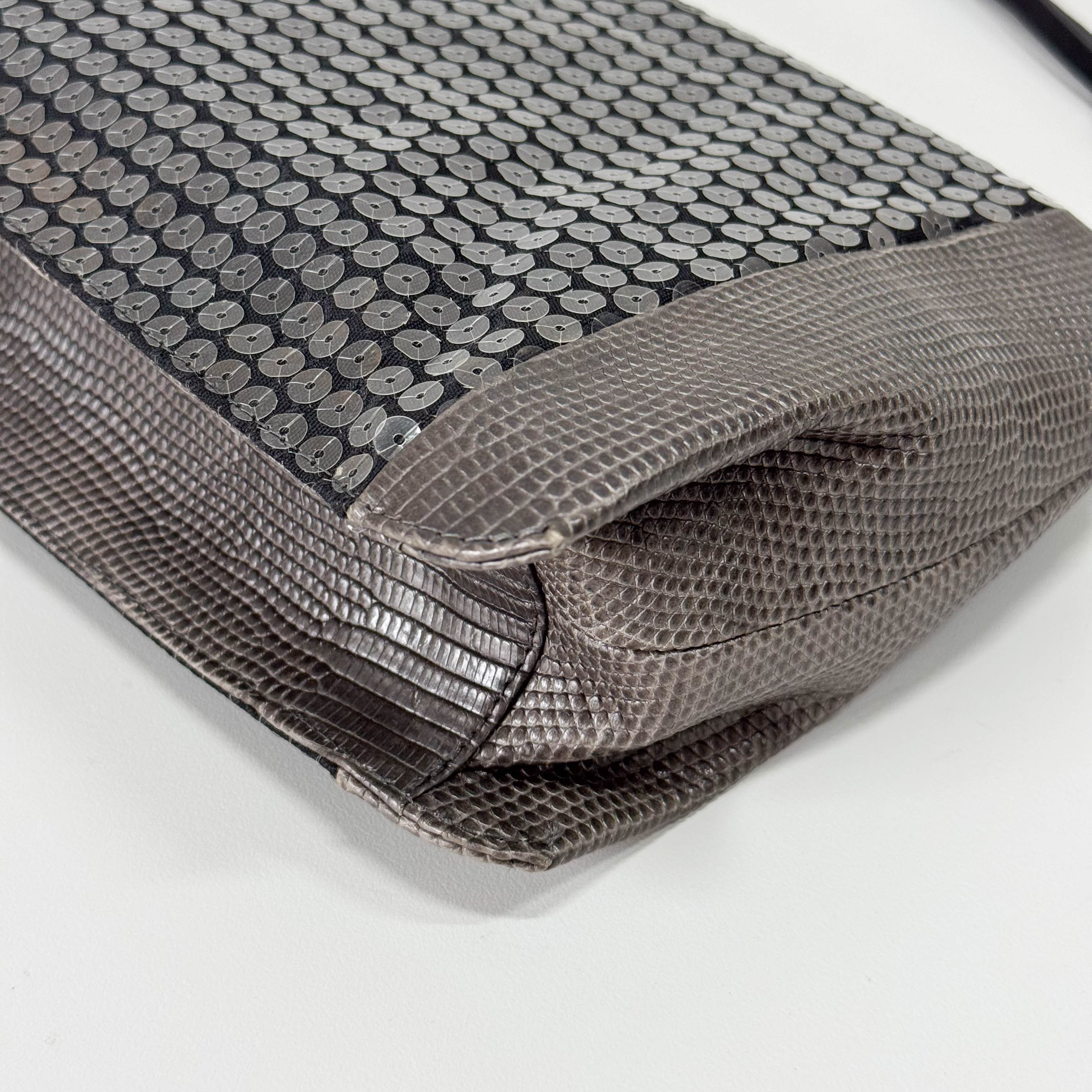 Grey Sequin & Embossed Lizard Leather Shoulder Bag