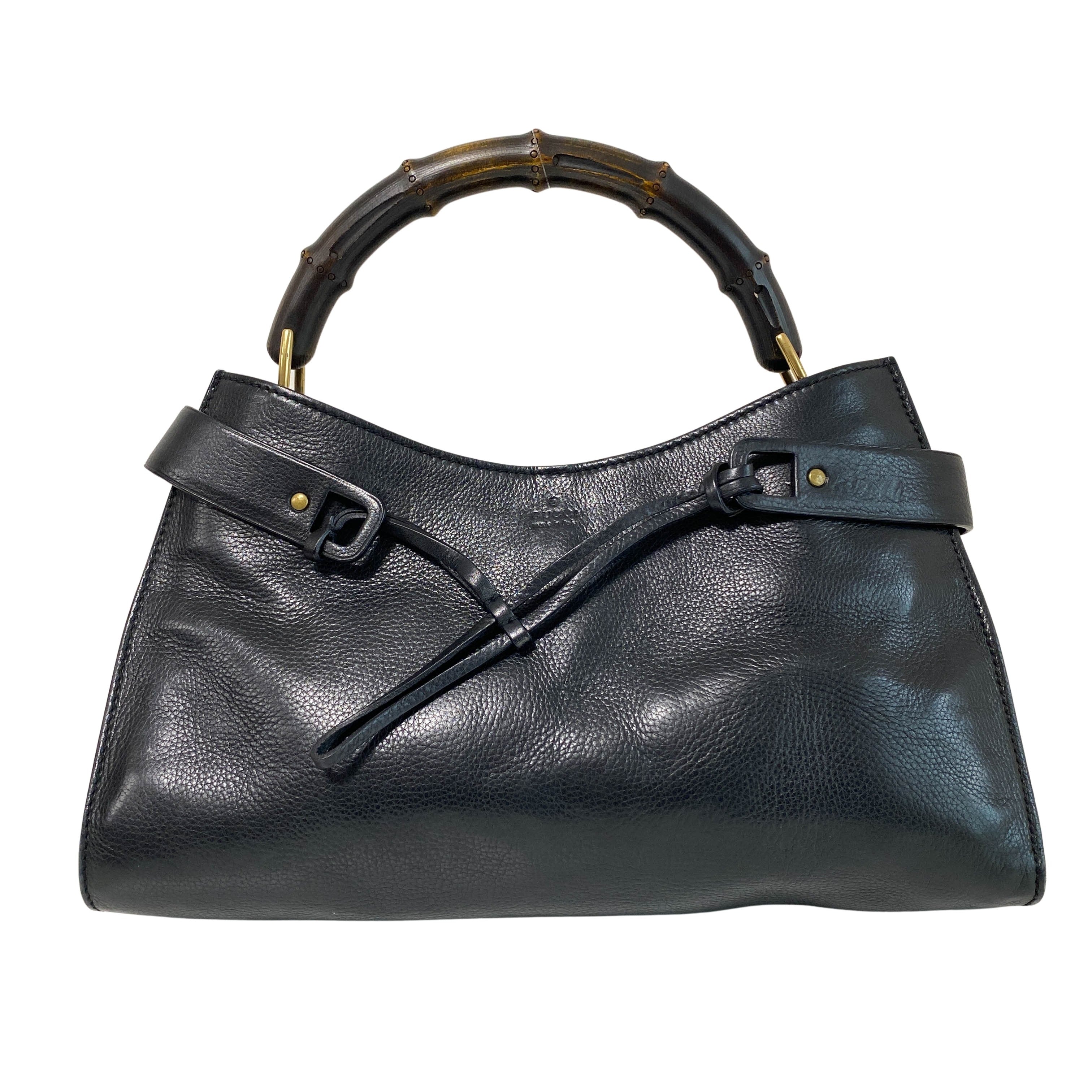 Bamboo Top Handle Black Leather Bag