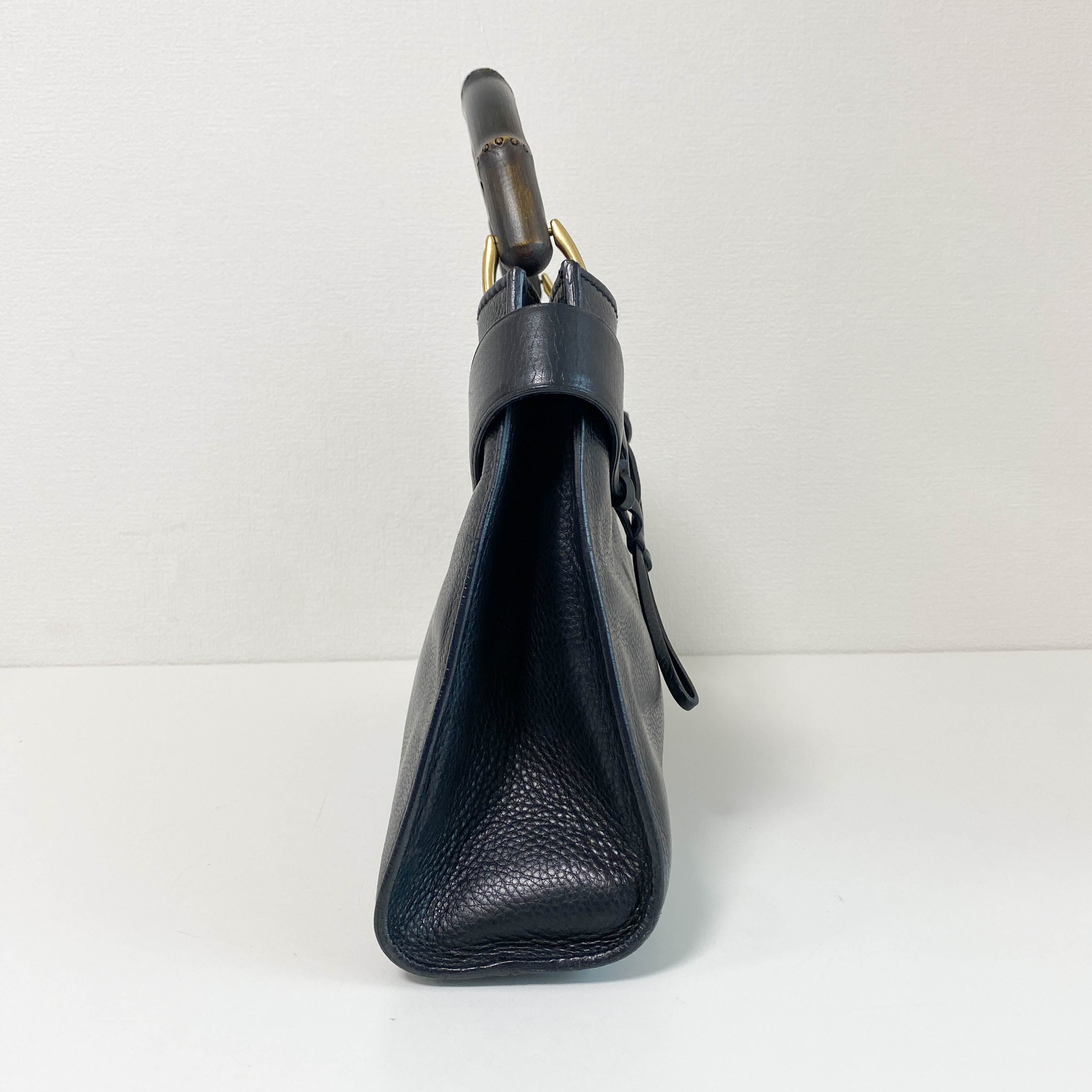 Bamboo Top Handle Black Leather Bag