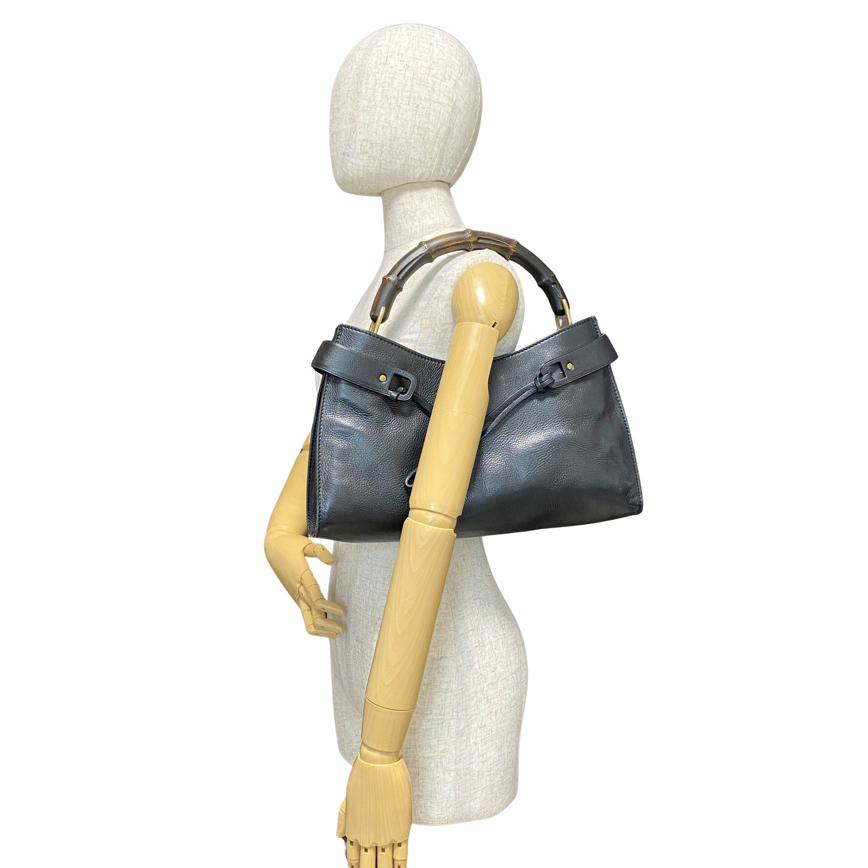 Bamboo Top Handle Black Leather Bag