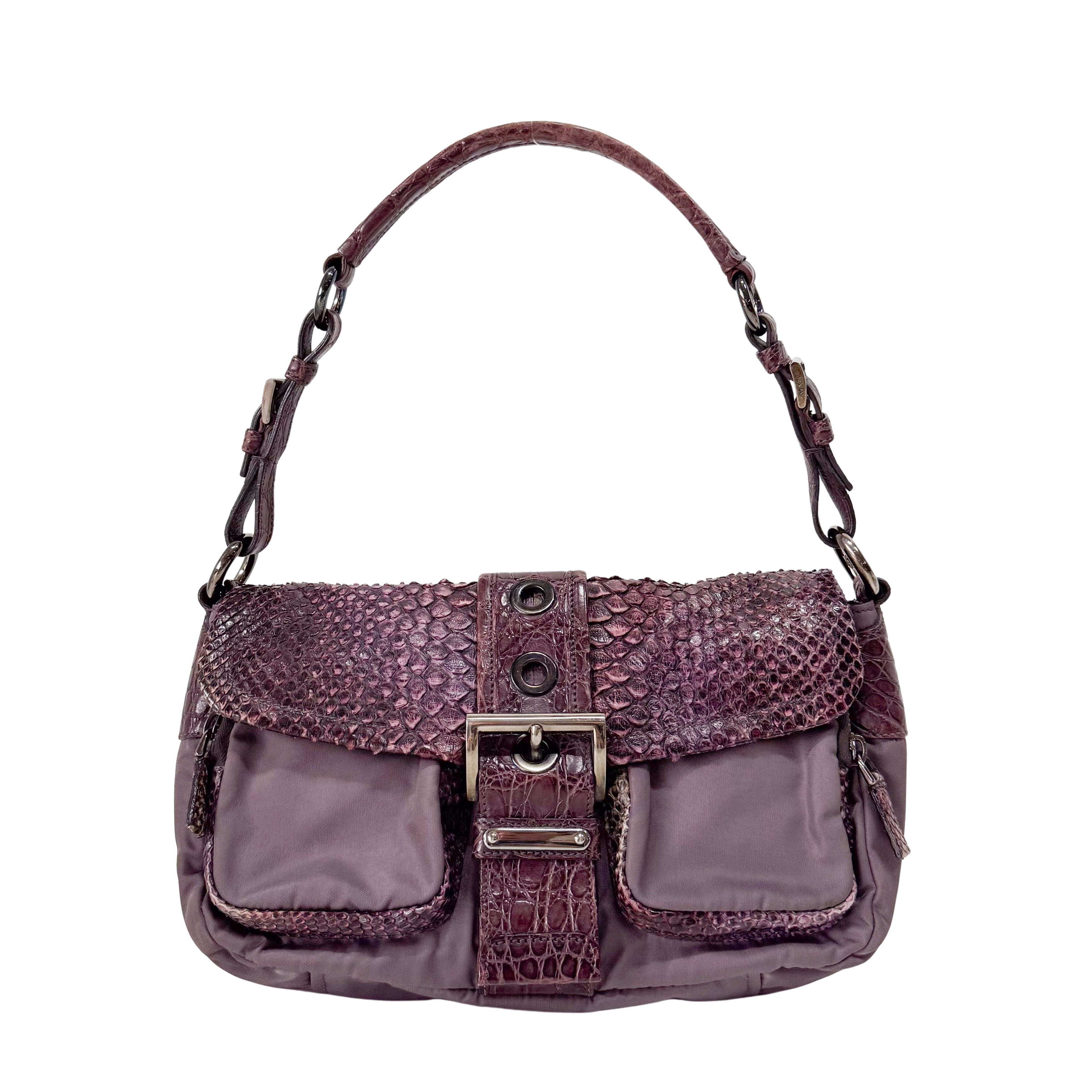 Burgundy Nylon & Embossed Python Leather Shoulder Bag
