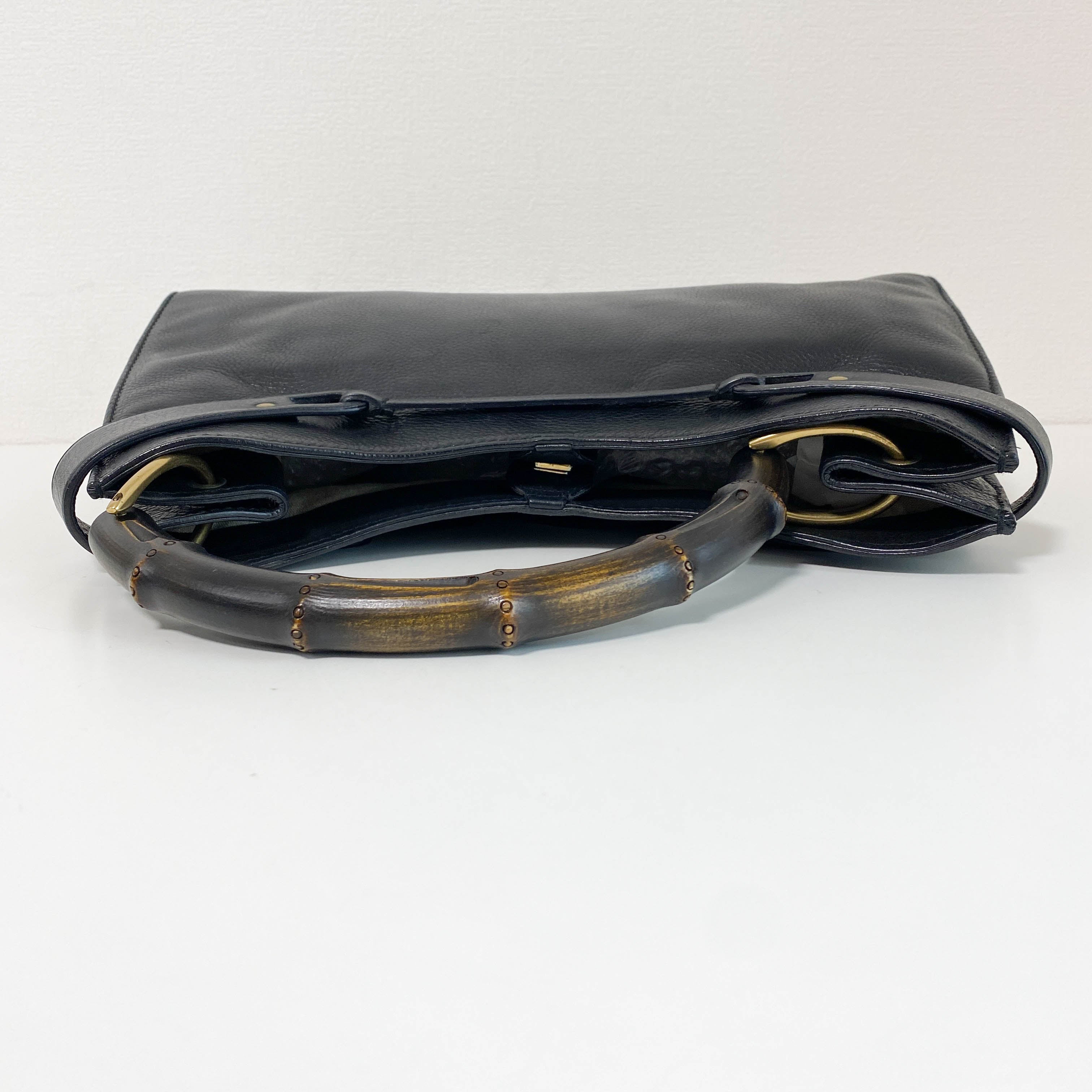 Bamboo Top Handle Black Leather Bag