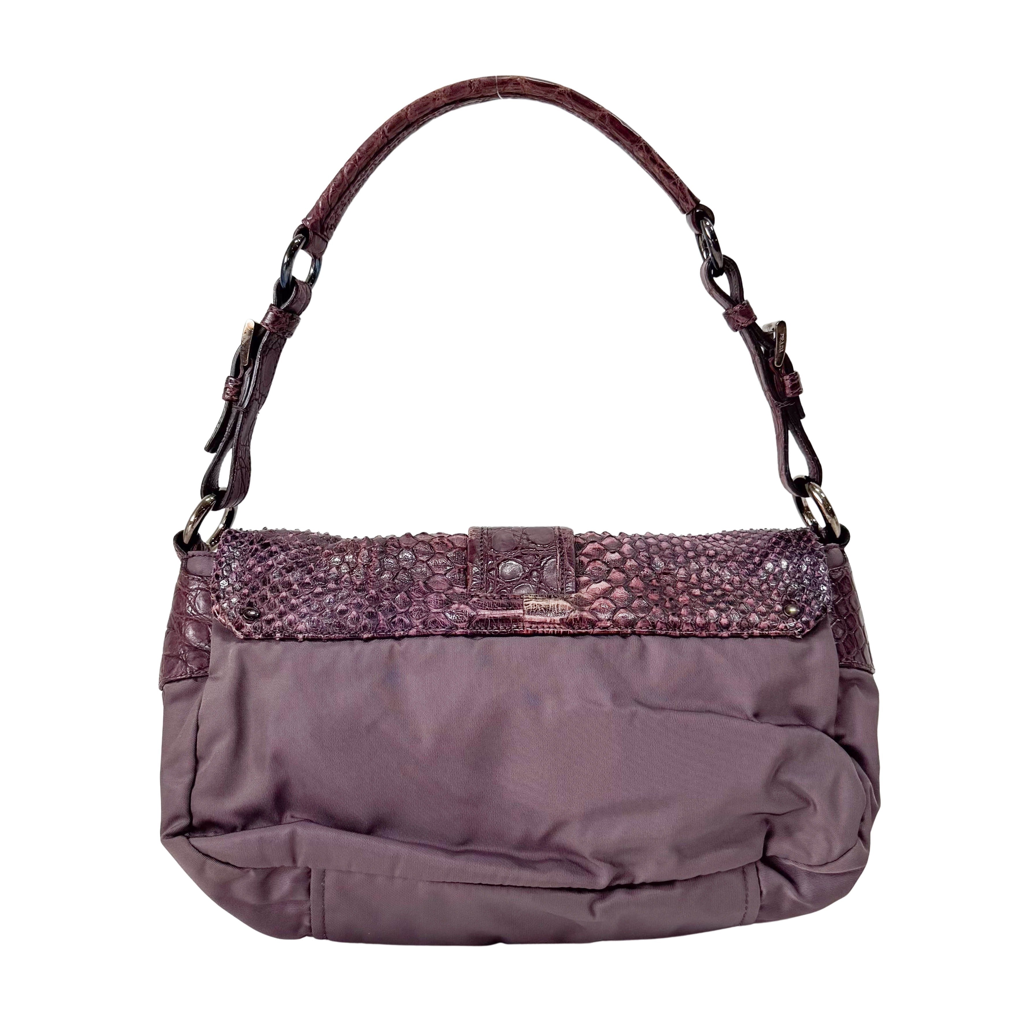 Burgundy Nylon & Embossed Python Leather Shoulder Bag