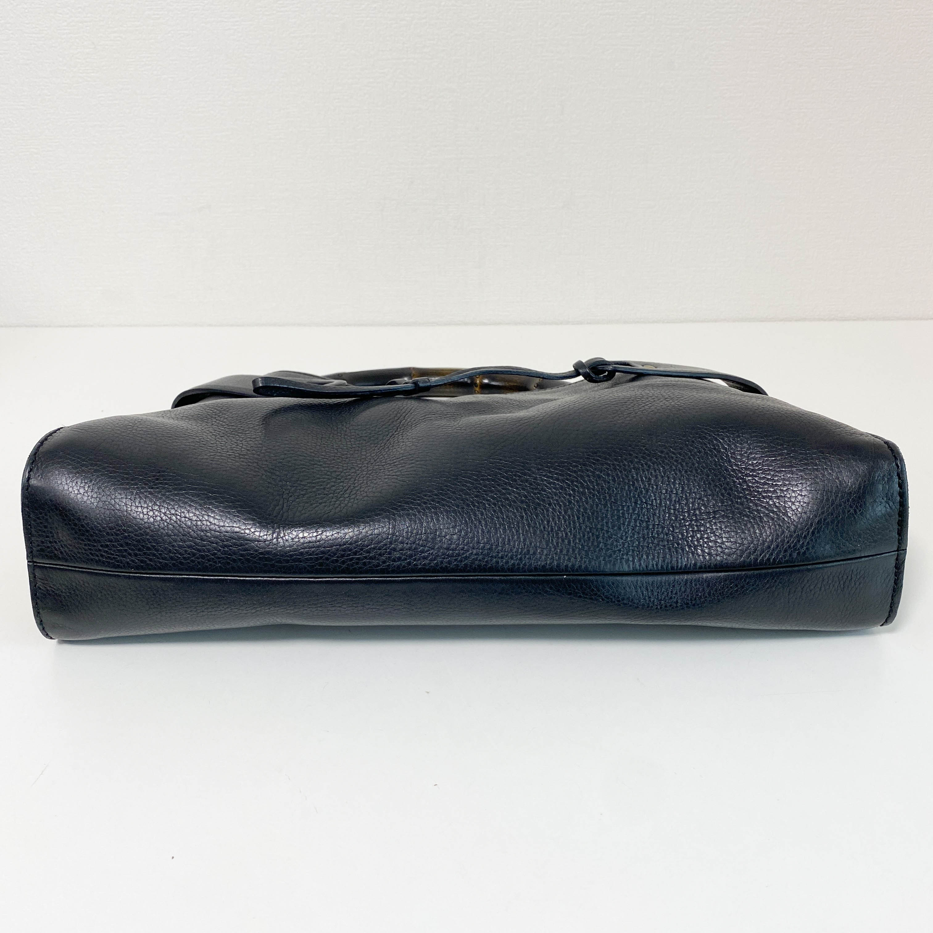 Bamboo Top Handle Black Leather Bag