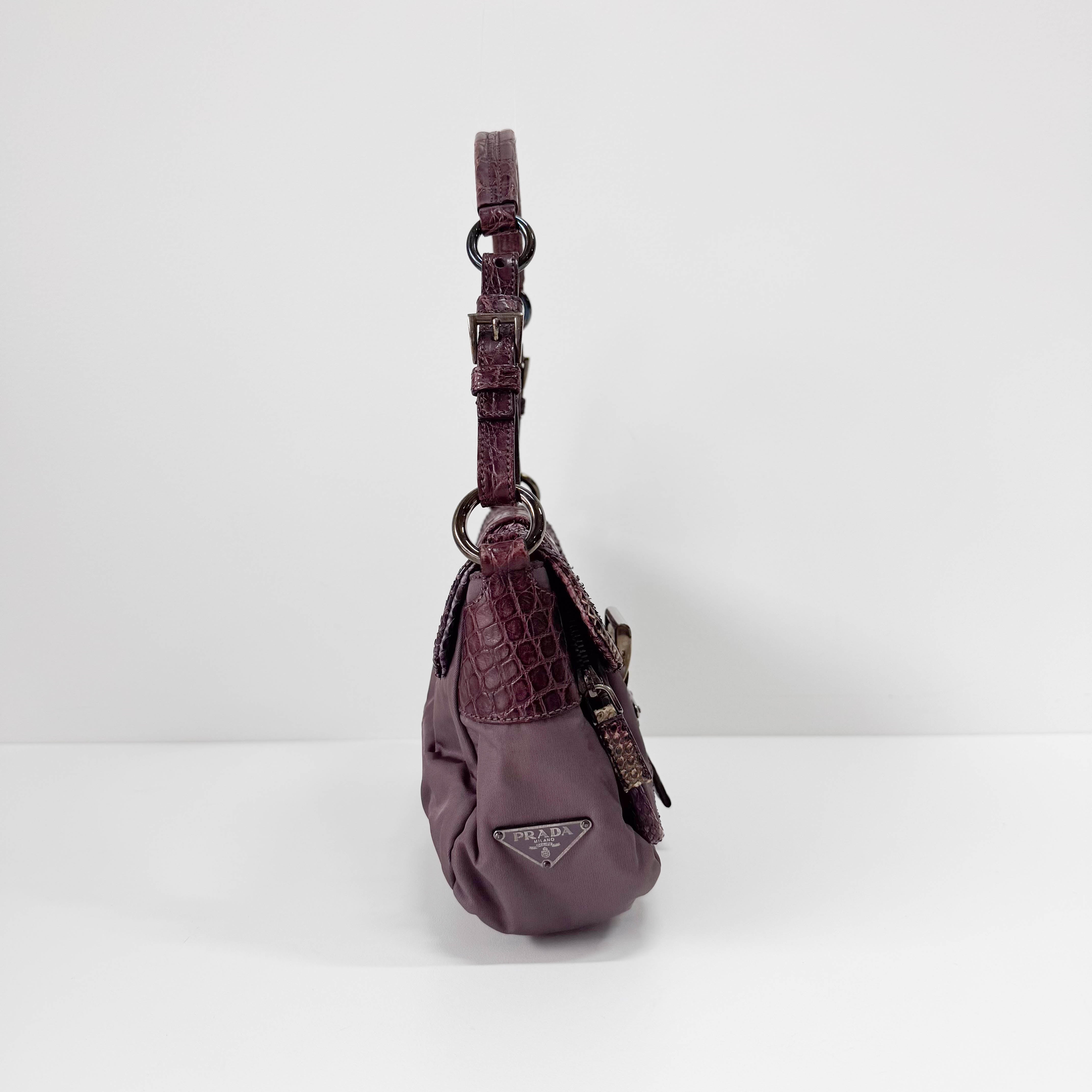 Burgundy Nylon & Embossed Python Leather Shoulder Bag