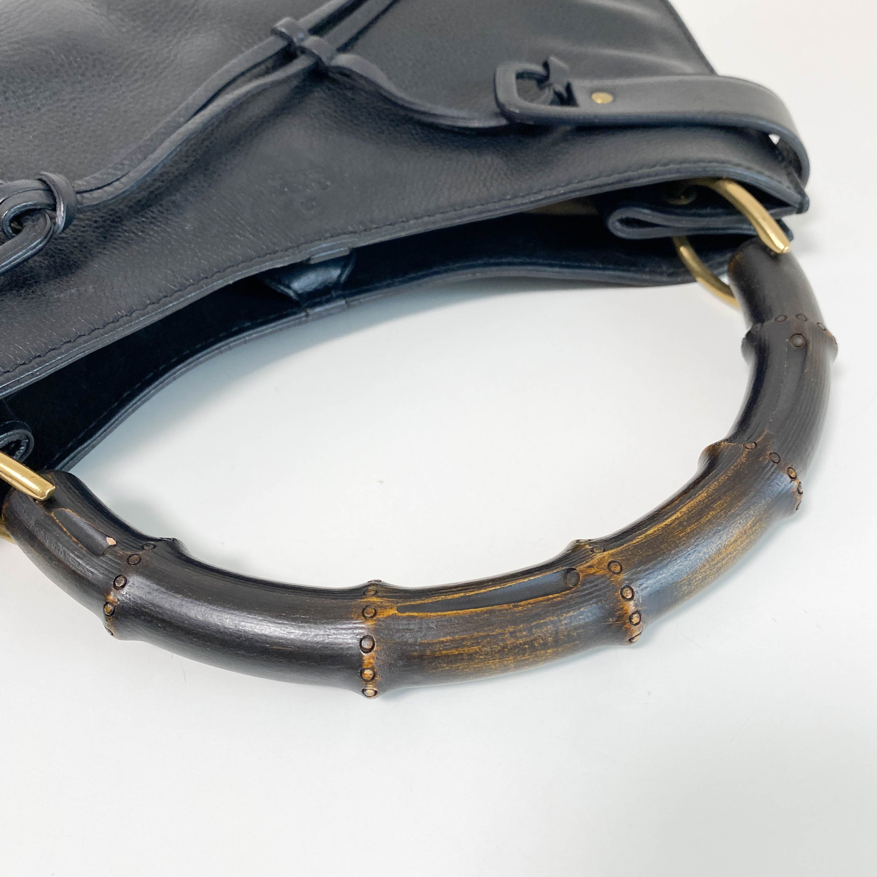 Bamboo Top Handle Black Leather Bag