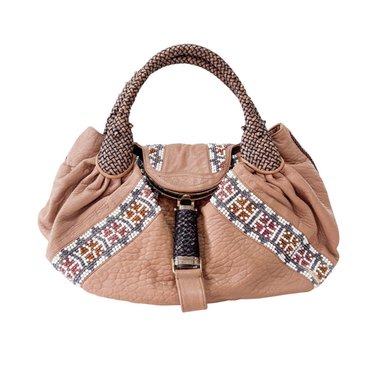 Spy Textured Leather Pink Beige Beaded Shoulder Bag