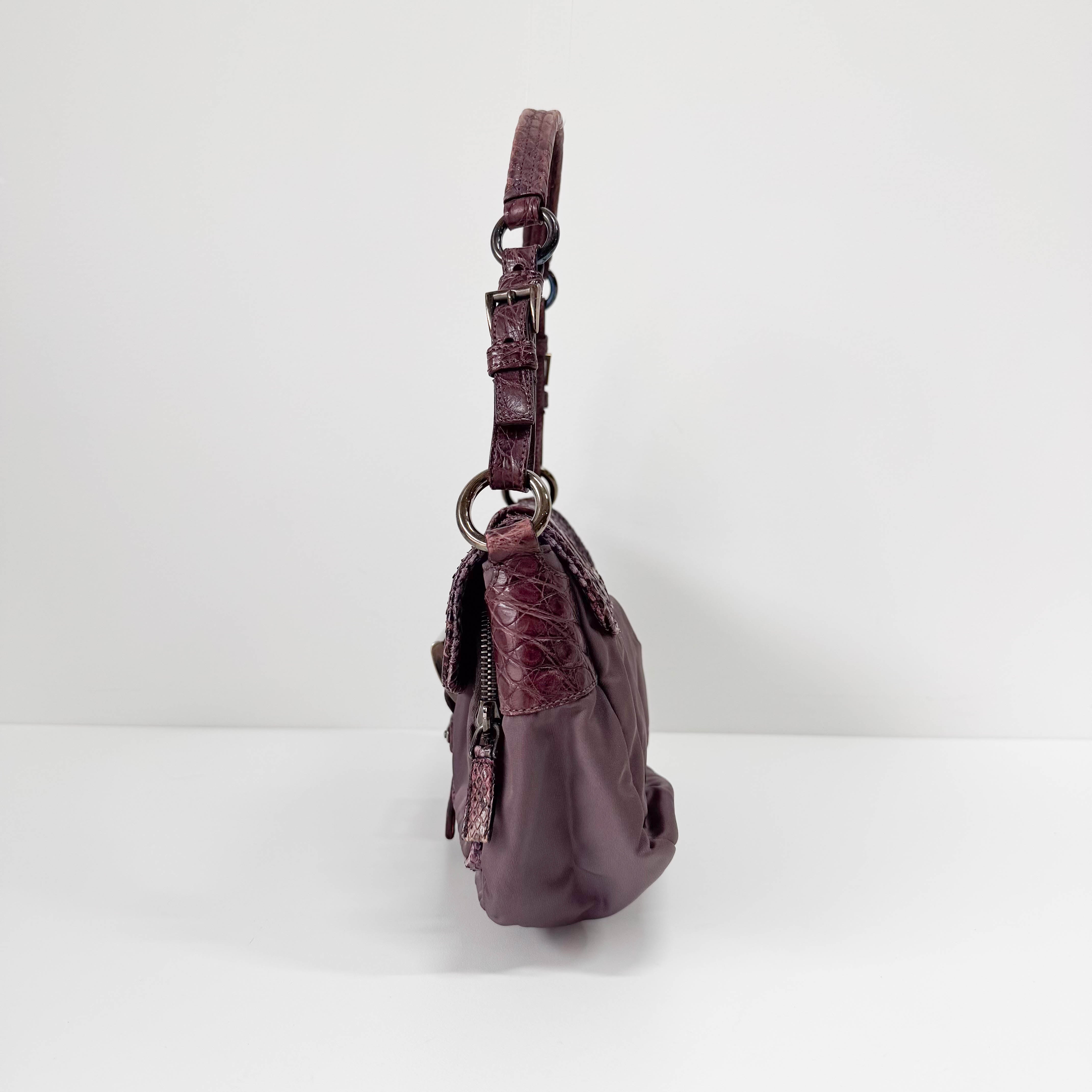 Burgundy Nylon & Embossed Python Leather Shoulder Bag