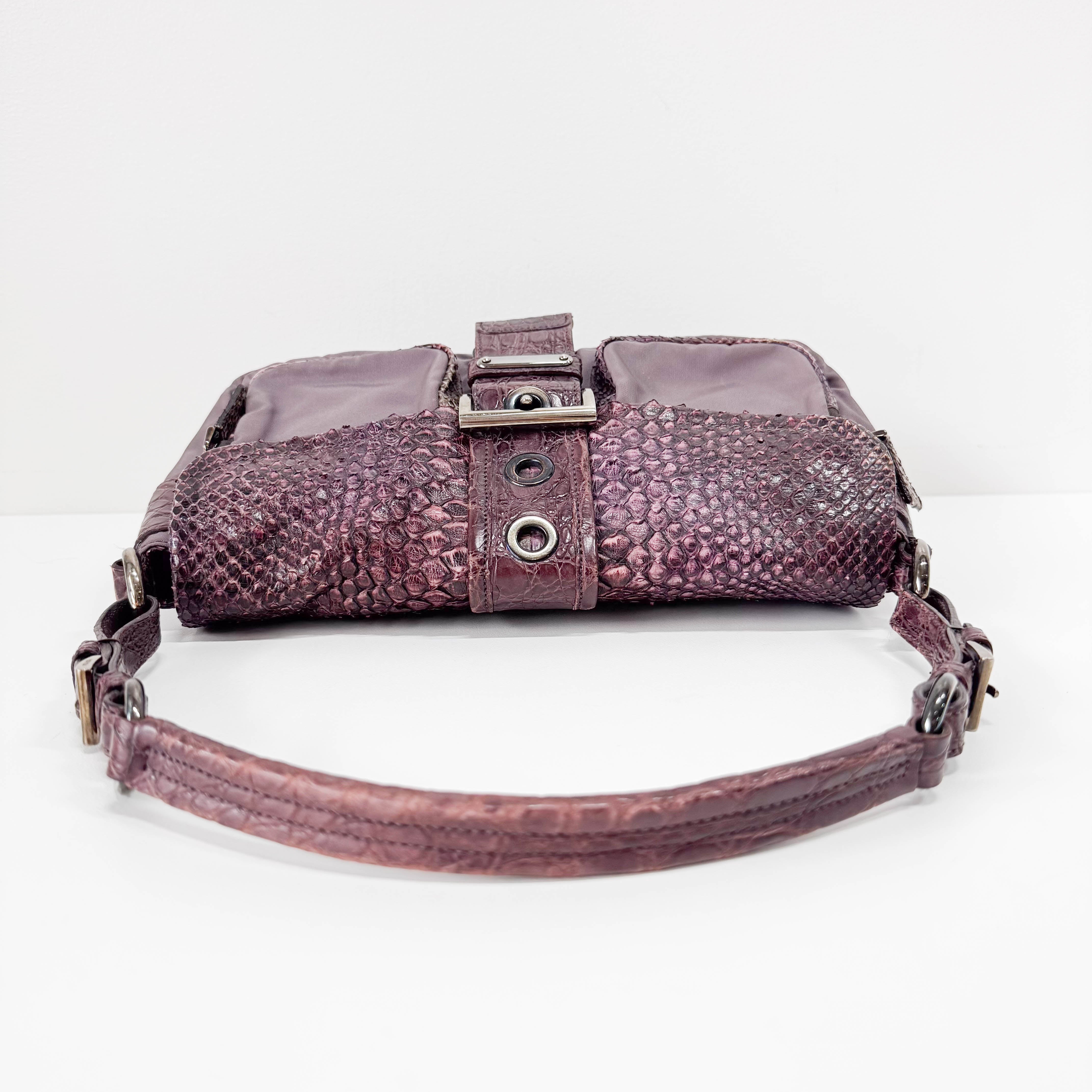 Burgundy Nylon & Embossed Python Leather Shoulder Bag