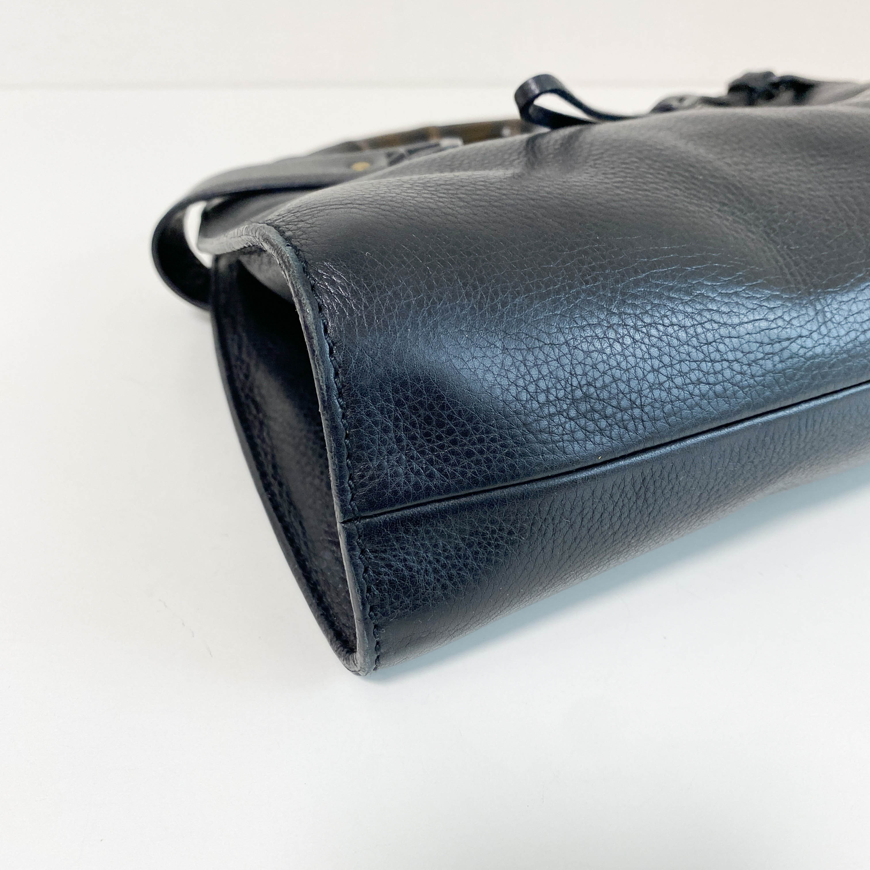 Bamboo Top Handle Black Leather Bag