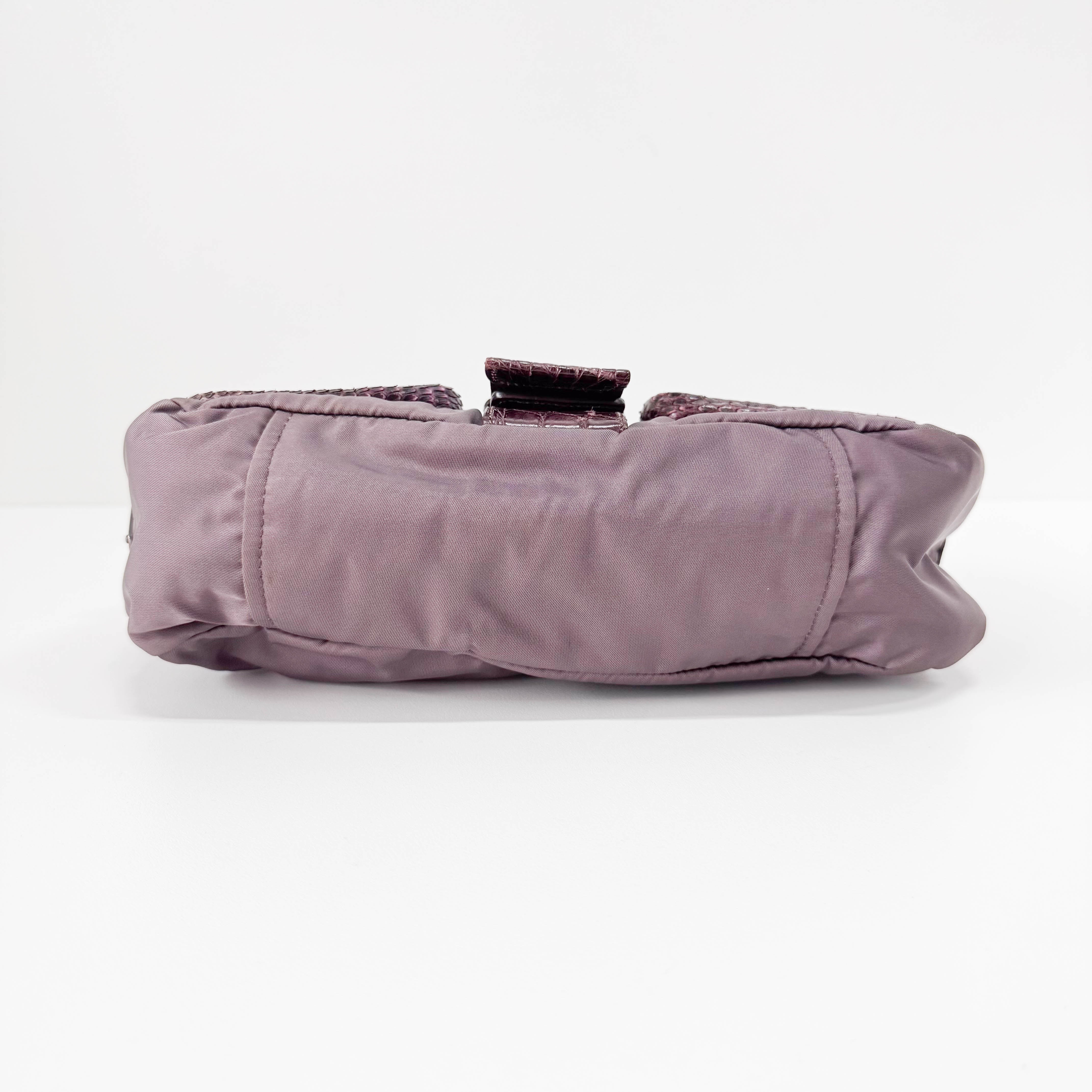 Burgundy Nylon & Embossed Python Leather Shoulder Bag