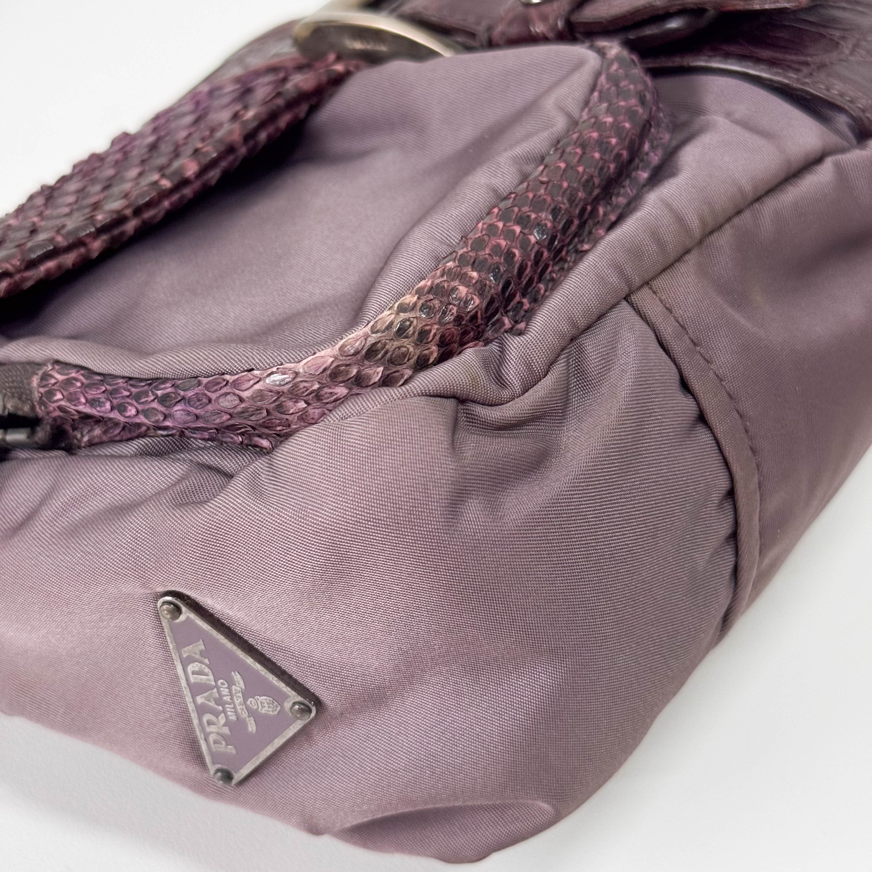 Burgundy Nylon & Embossed Python Leather Shoulder Bag