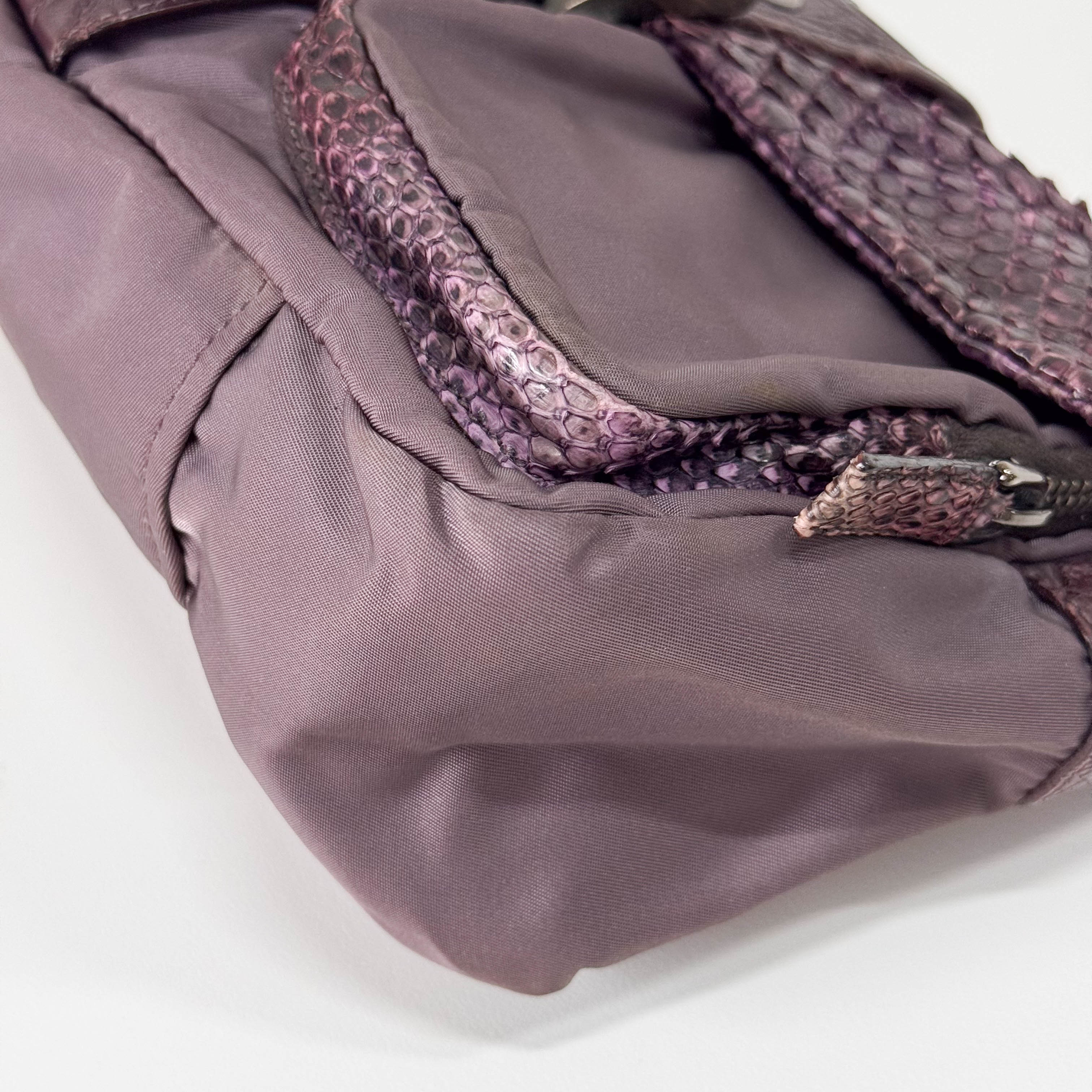 Burgundy Nylon & Embossed Python Leather Shoulder Bag