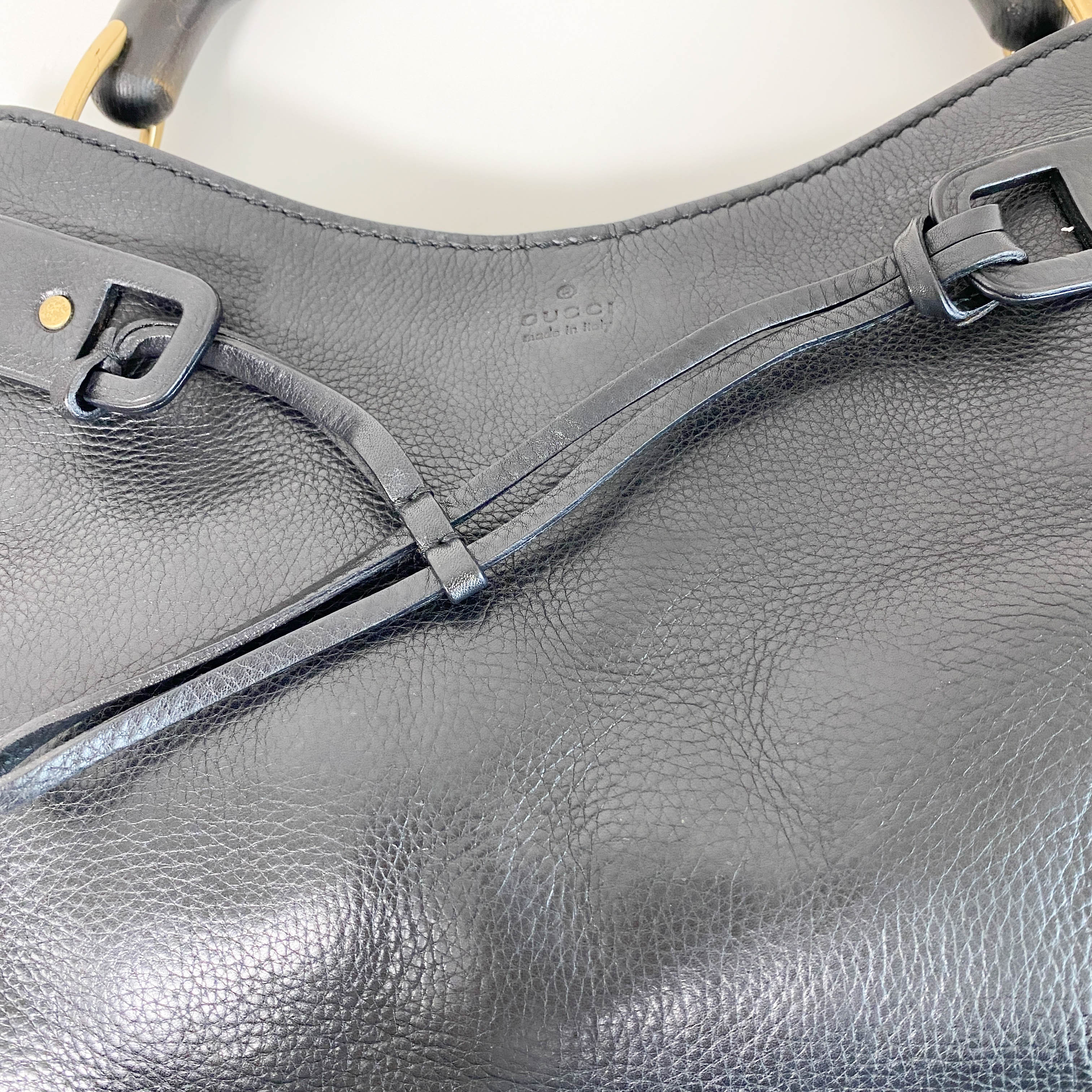 Bamboo Top Handle Black Leather Bag