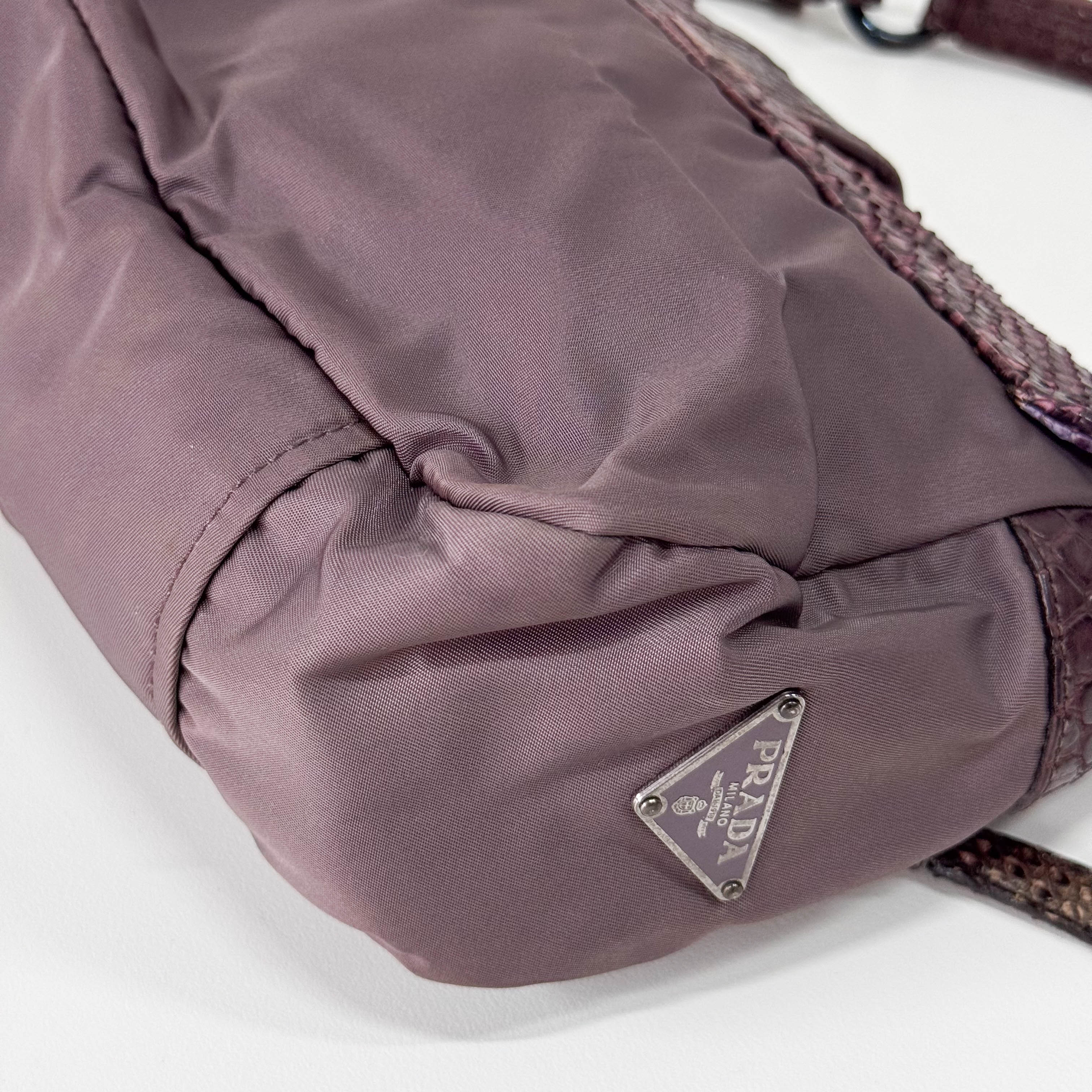 Burgundy Nylon & Embossed Python Leather Shoulder Bag