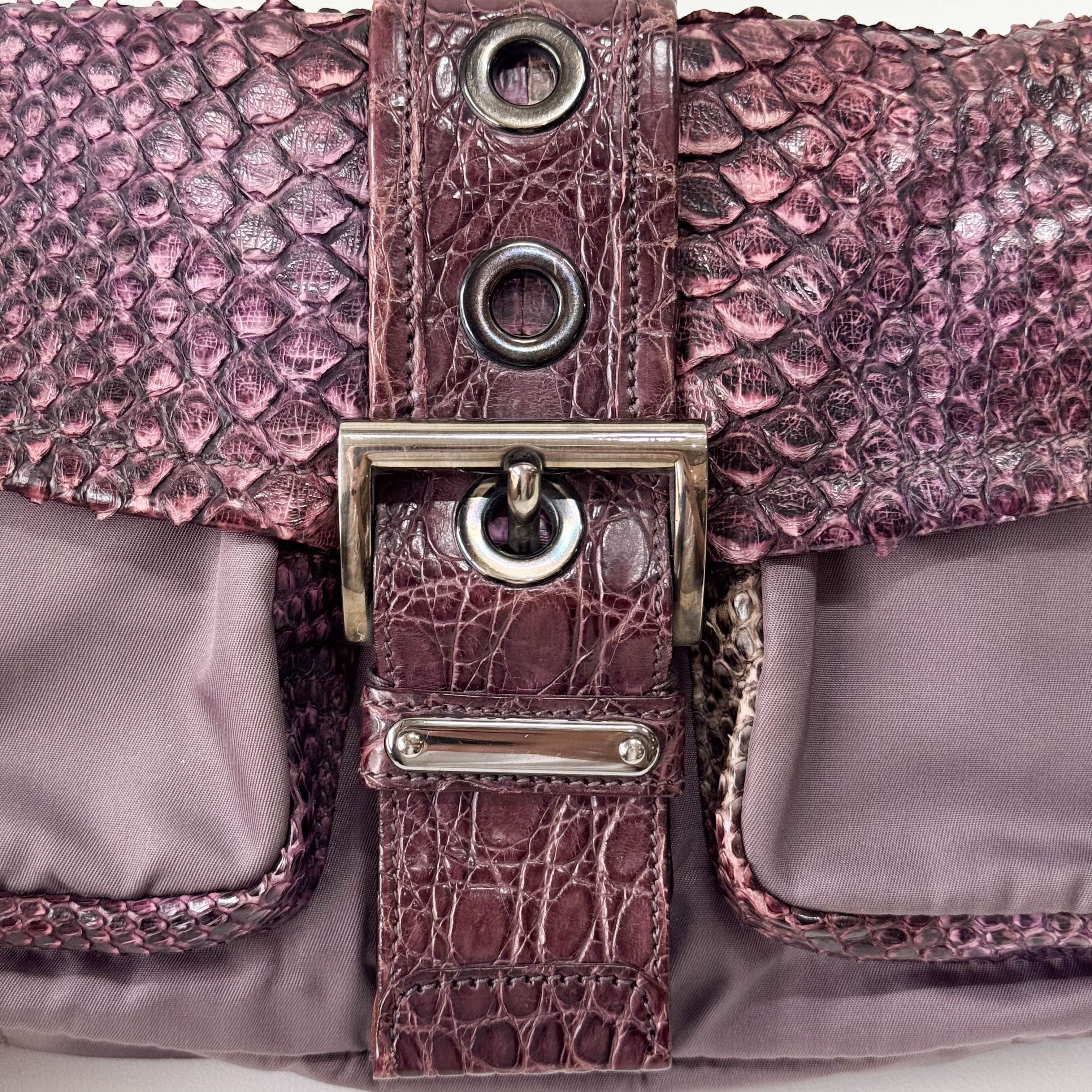 Burgundy Nylon & Embossed Python Leather Shoulder Bag