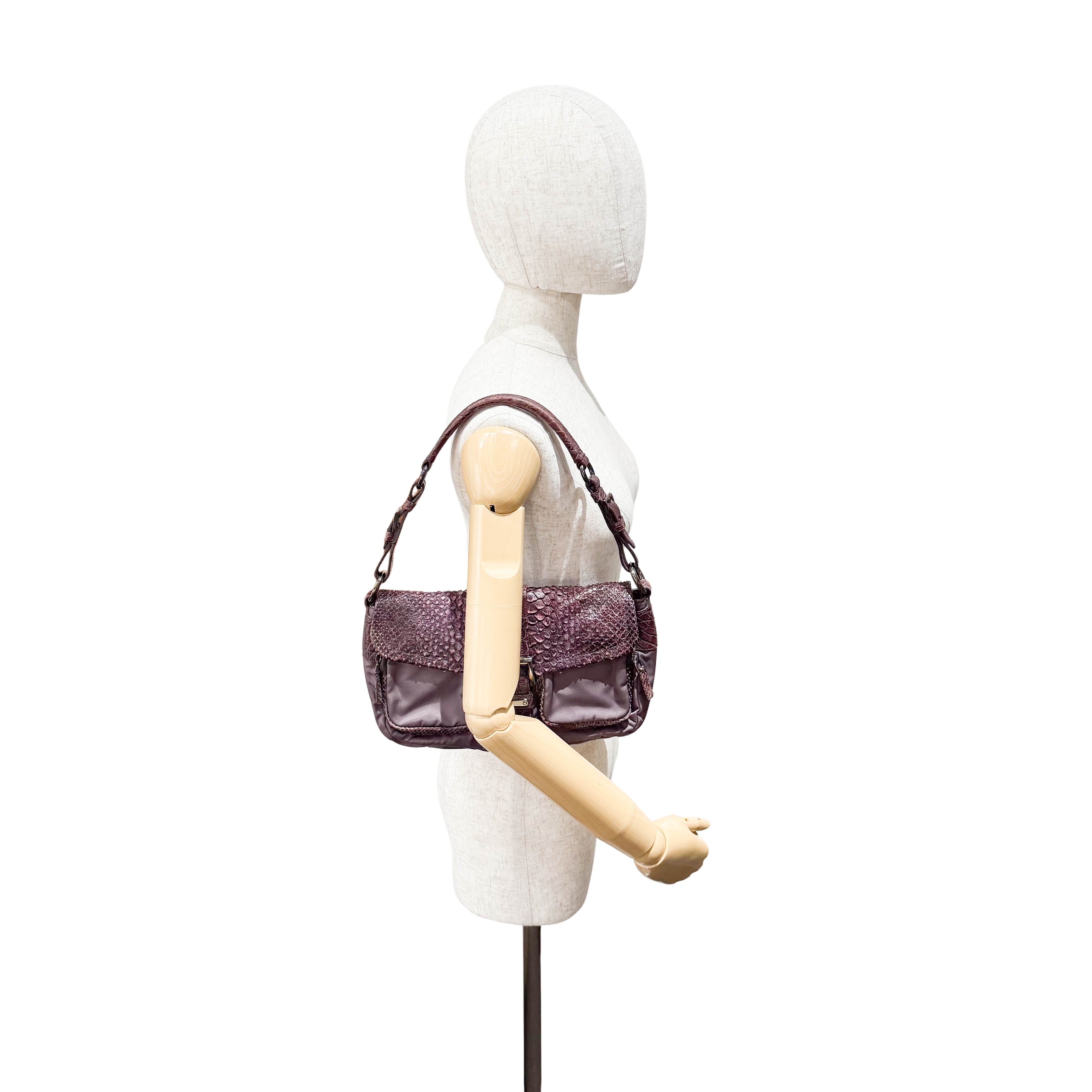 Burgundy Nylon & Embossed Python Leather Shoulder Bag