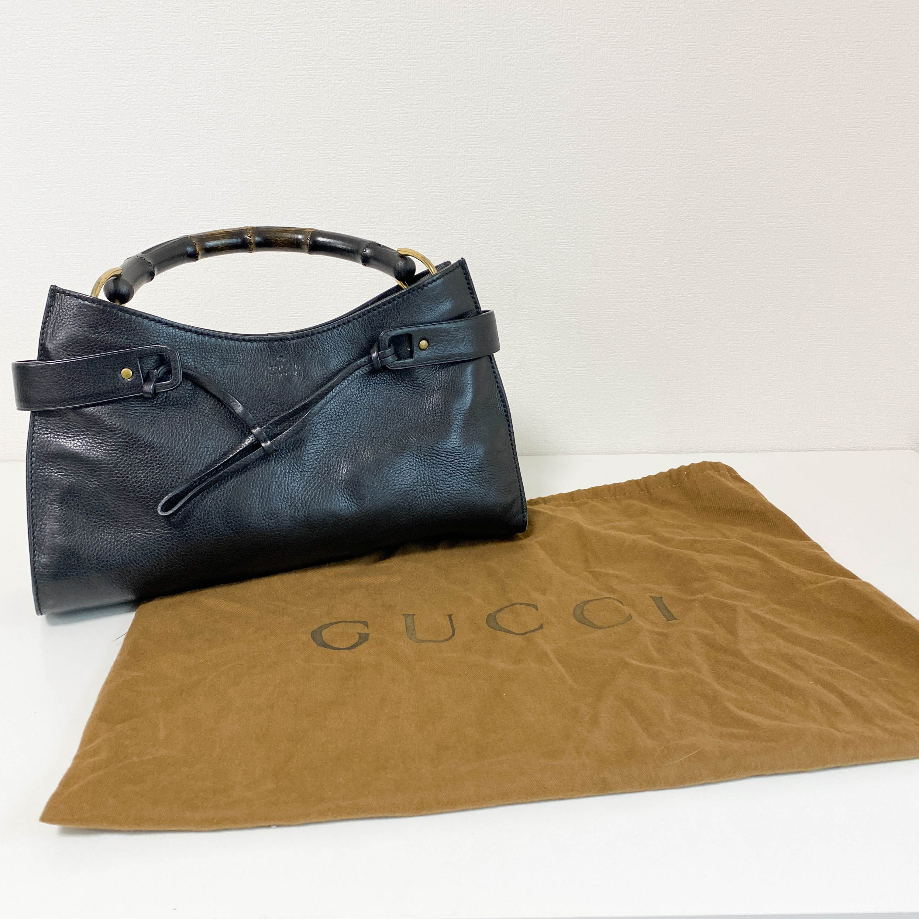 Bamboo Top Handle Black Leather Bag