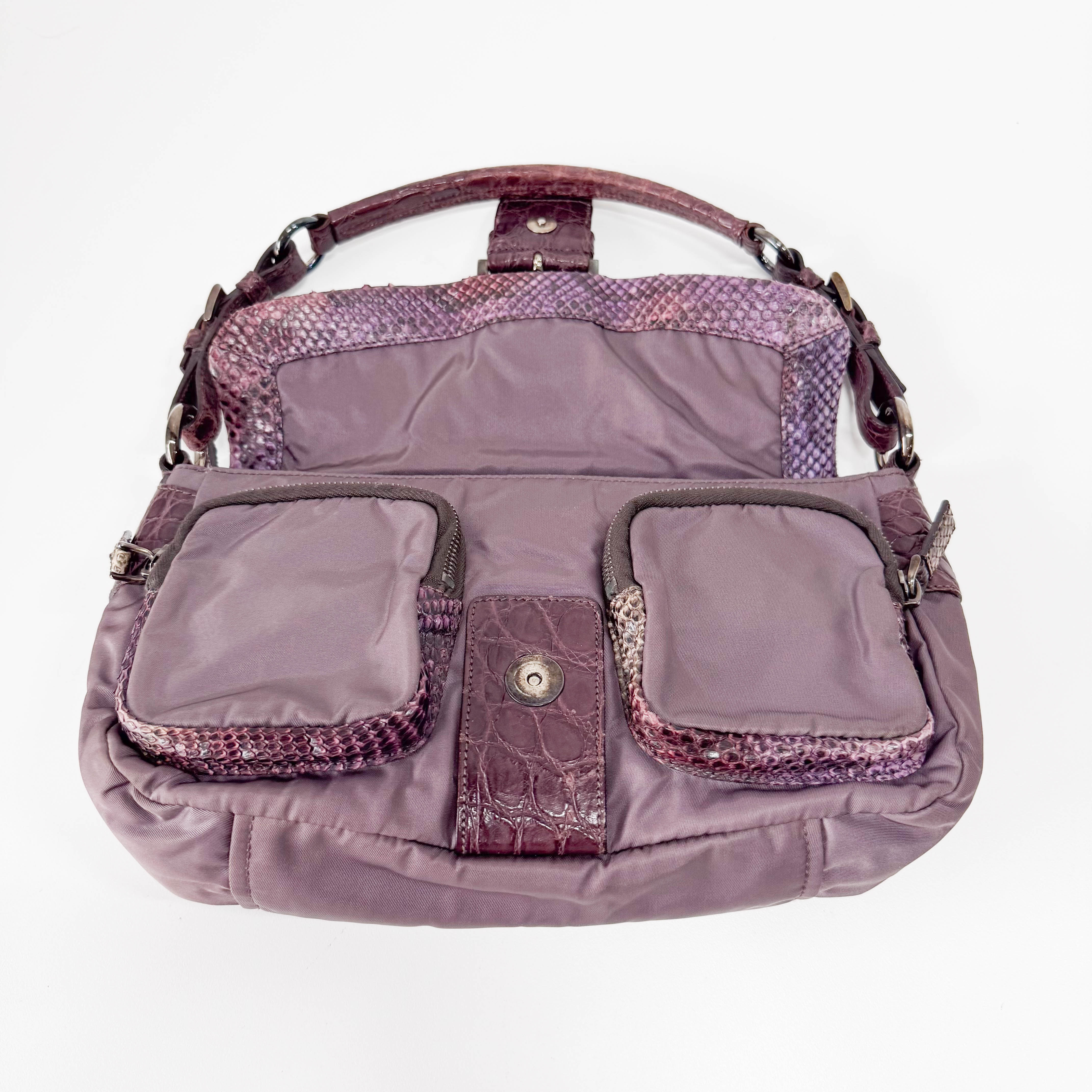Burgundy Nylon & Embossed Python Leather Shoulder Bag