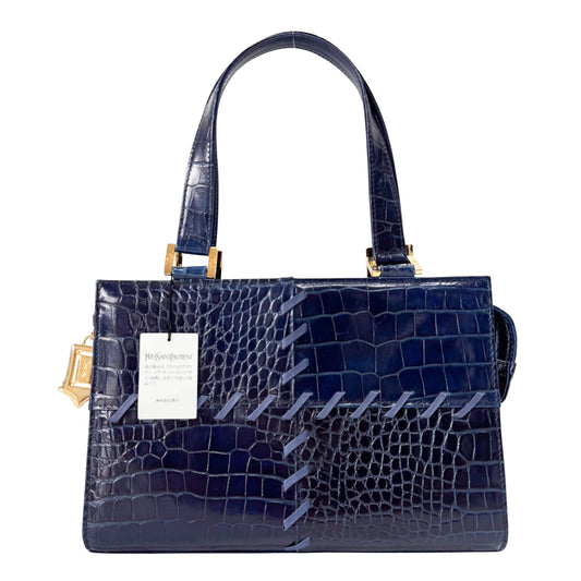Patchwork Navy Lizard Embossed Leather Handbag