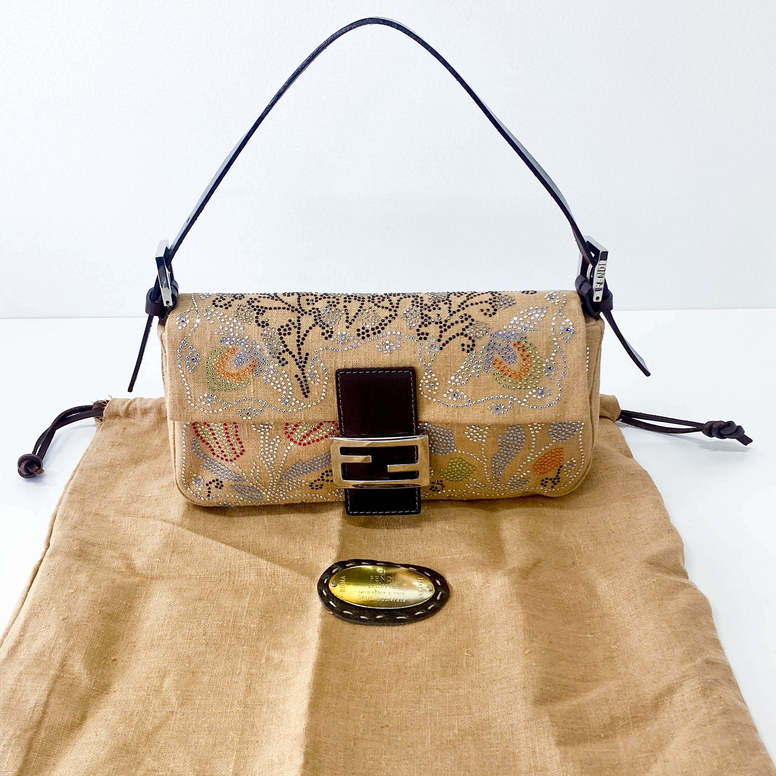 Multicolor Rhinestones in Beige Canvas Baguette Bag