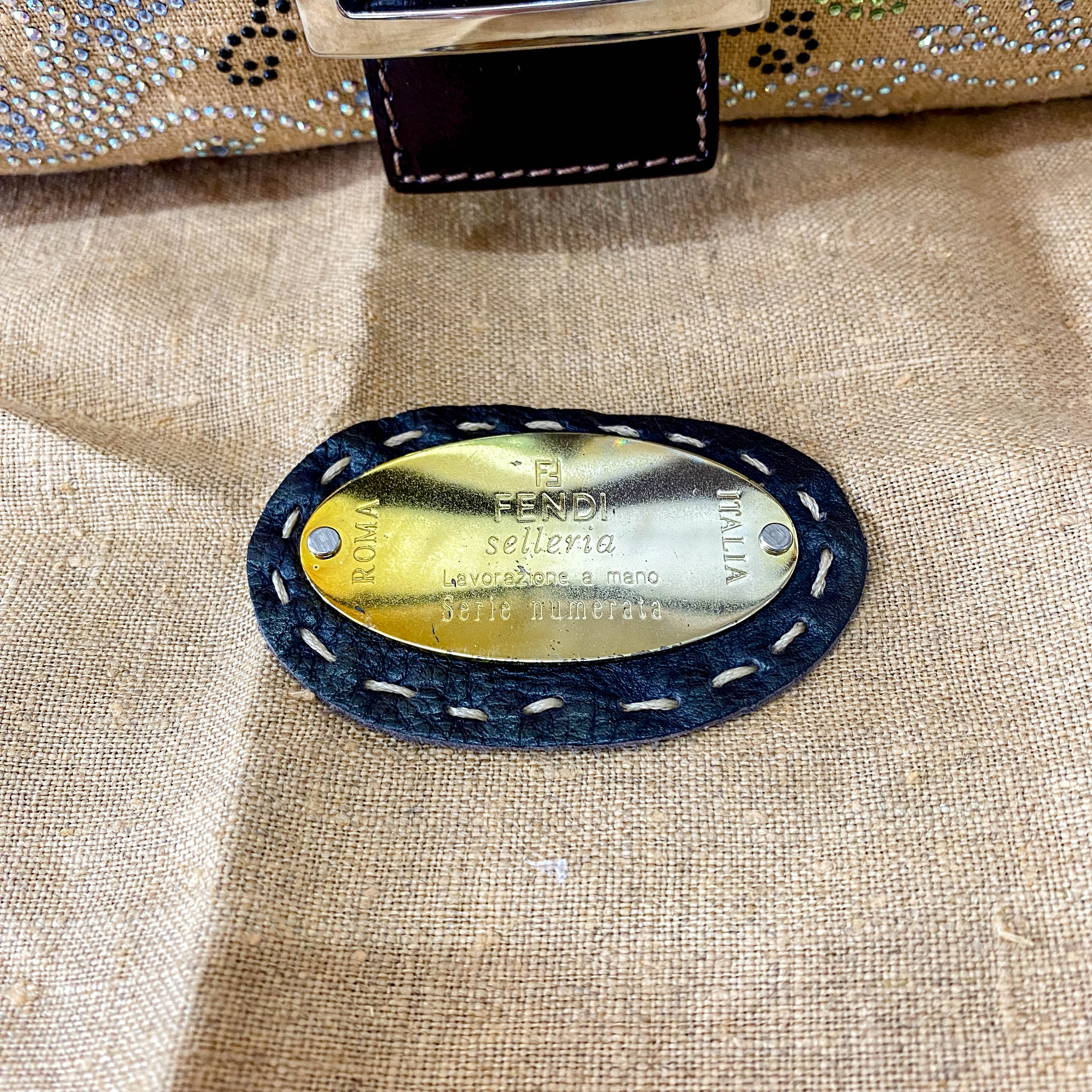 Multicolor Rhinestones in Beige Canvas Baguette Bag