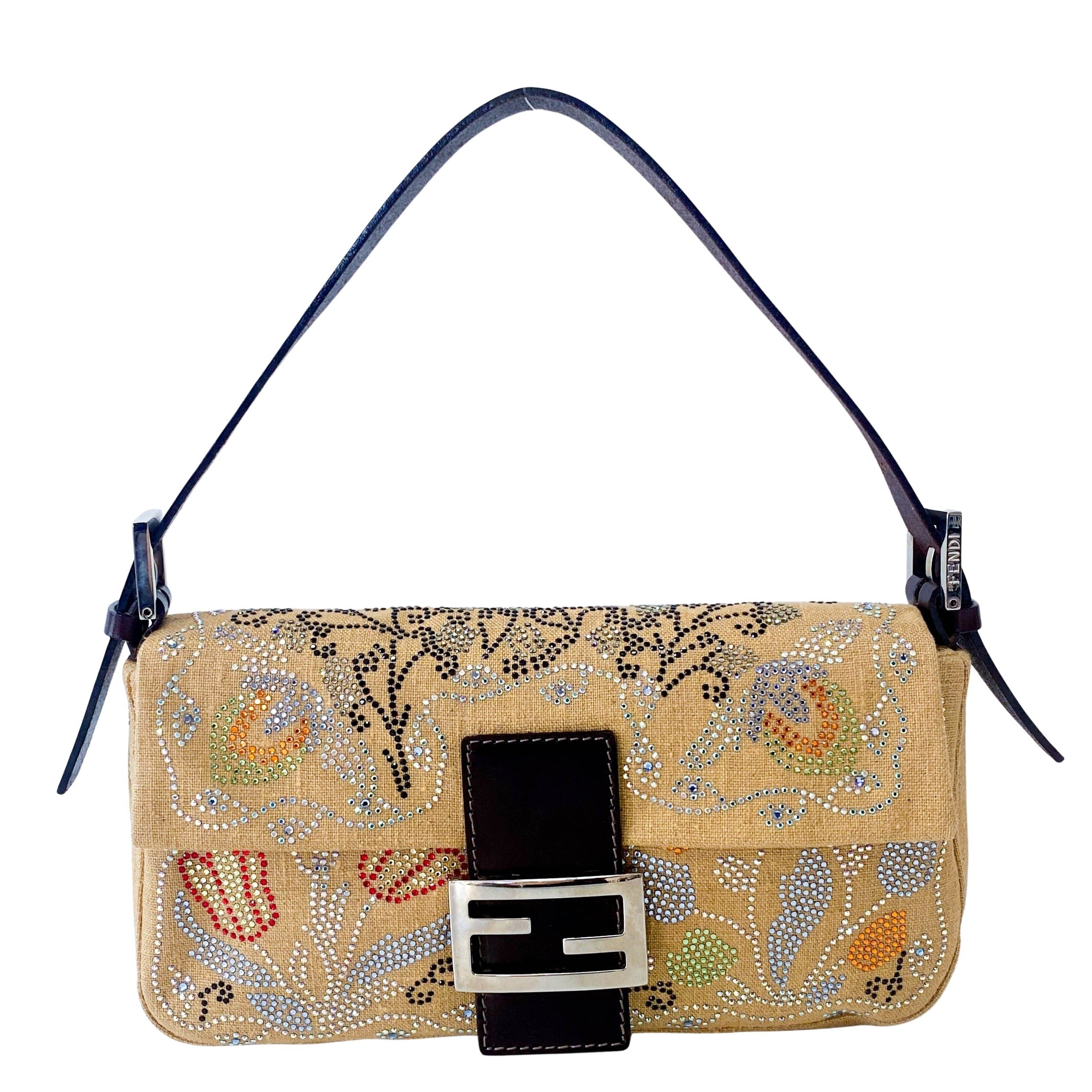 Multicolor Rhinestones in Beige Canvas Baguette Bag