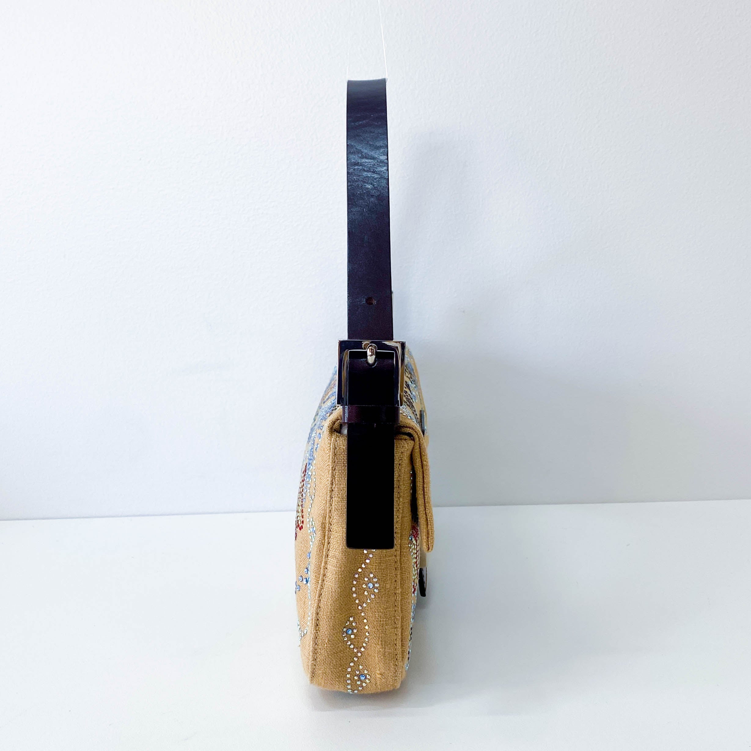 Multicolor Rhinestones in Beige Canvas Baguette Bag