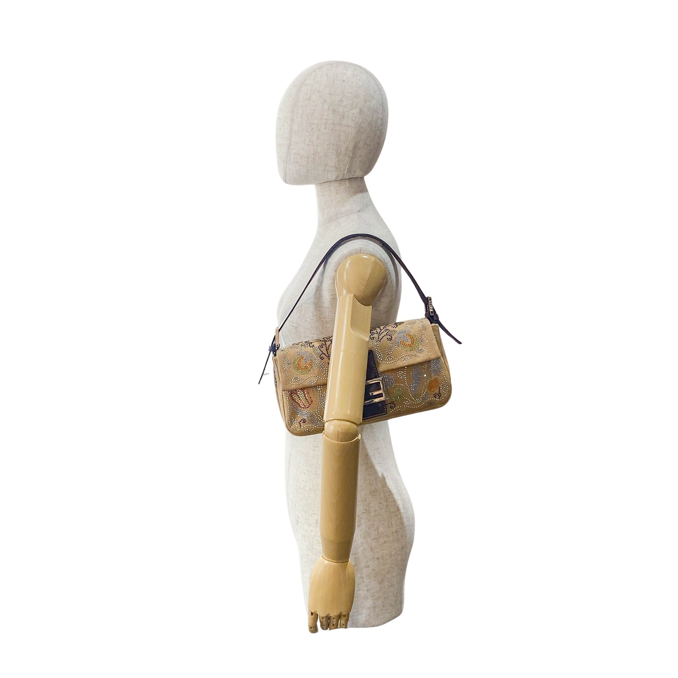 Multicolor Rhinestones in Beige Canvas Baguette Bag